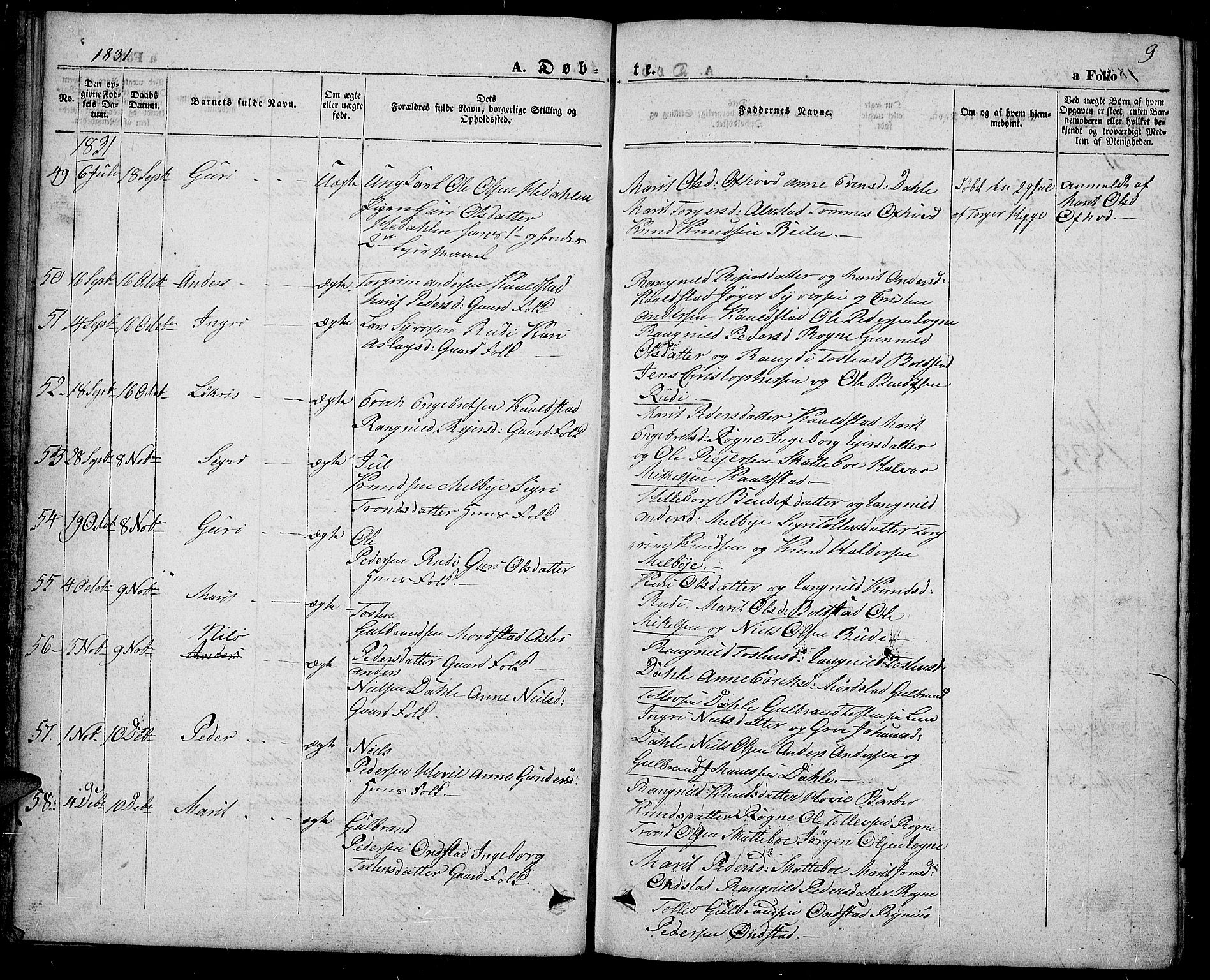 Slidre prestekontor, SAH/PREST-134/H/Ha/Haa/L0004: Parish register (official) no. 4, 1831-1848, p. 9
