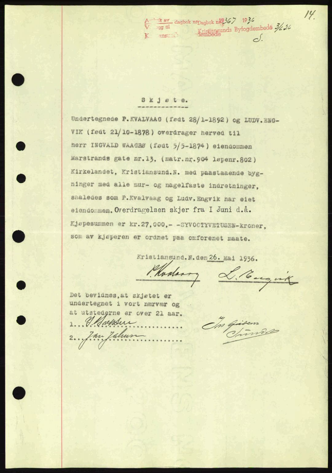 Kristiansund byfogd, AV/SAT-A-4587/A/27: Mortgage book no. 30, 1936-1941, Diary no: : 367/1936