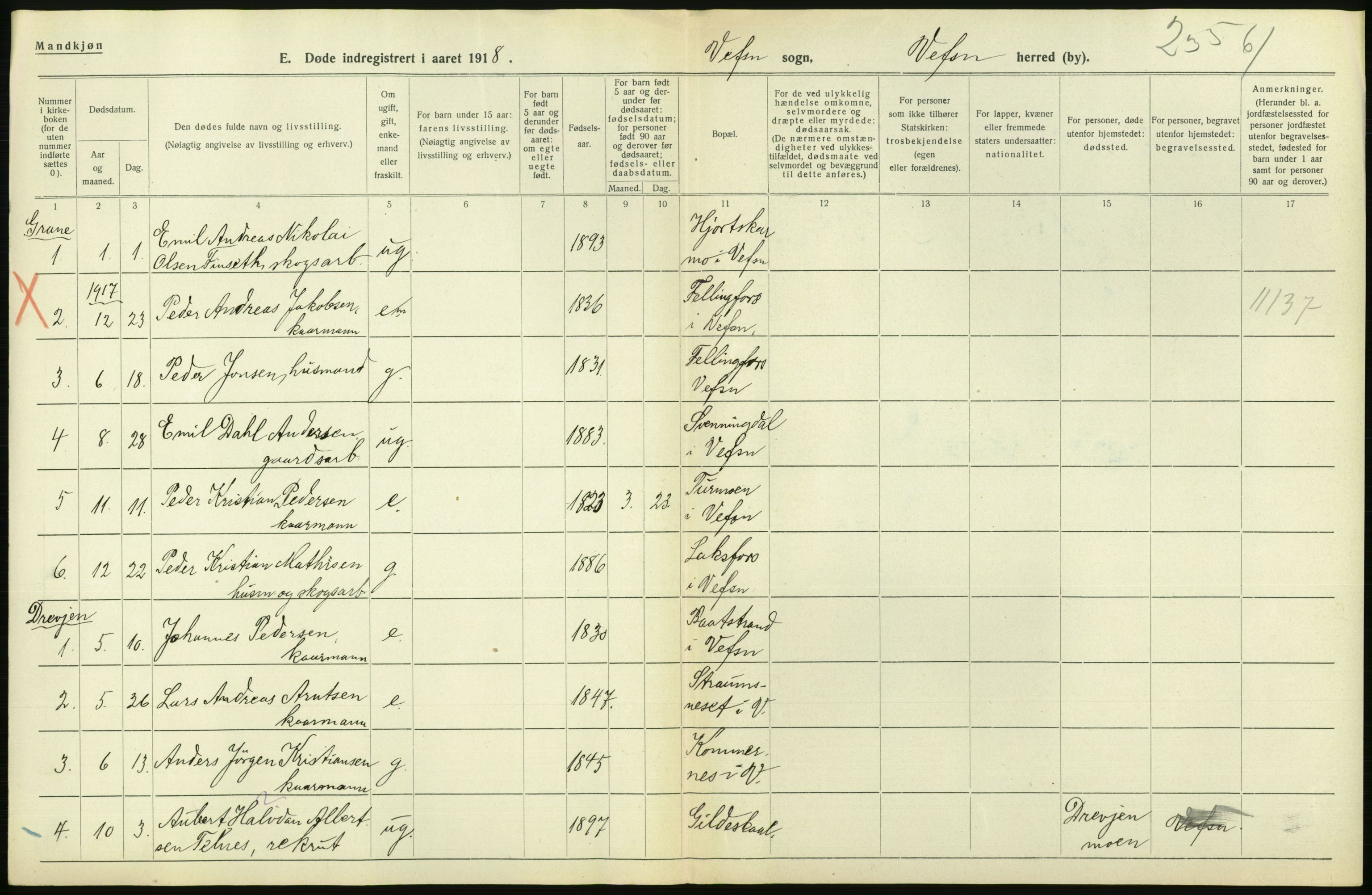 Statistisk sentralbyrå, Sosiodemografiske emner, Befolkning, AV/RA-S-2228/D/Df/Dfb/Dfbh/L0055: Nordland fylke: Døde. Bygder og byer., 1918, p. 94