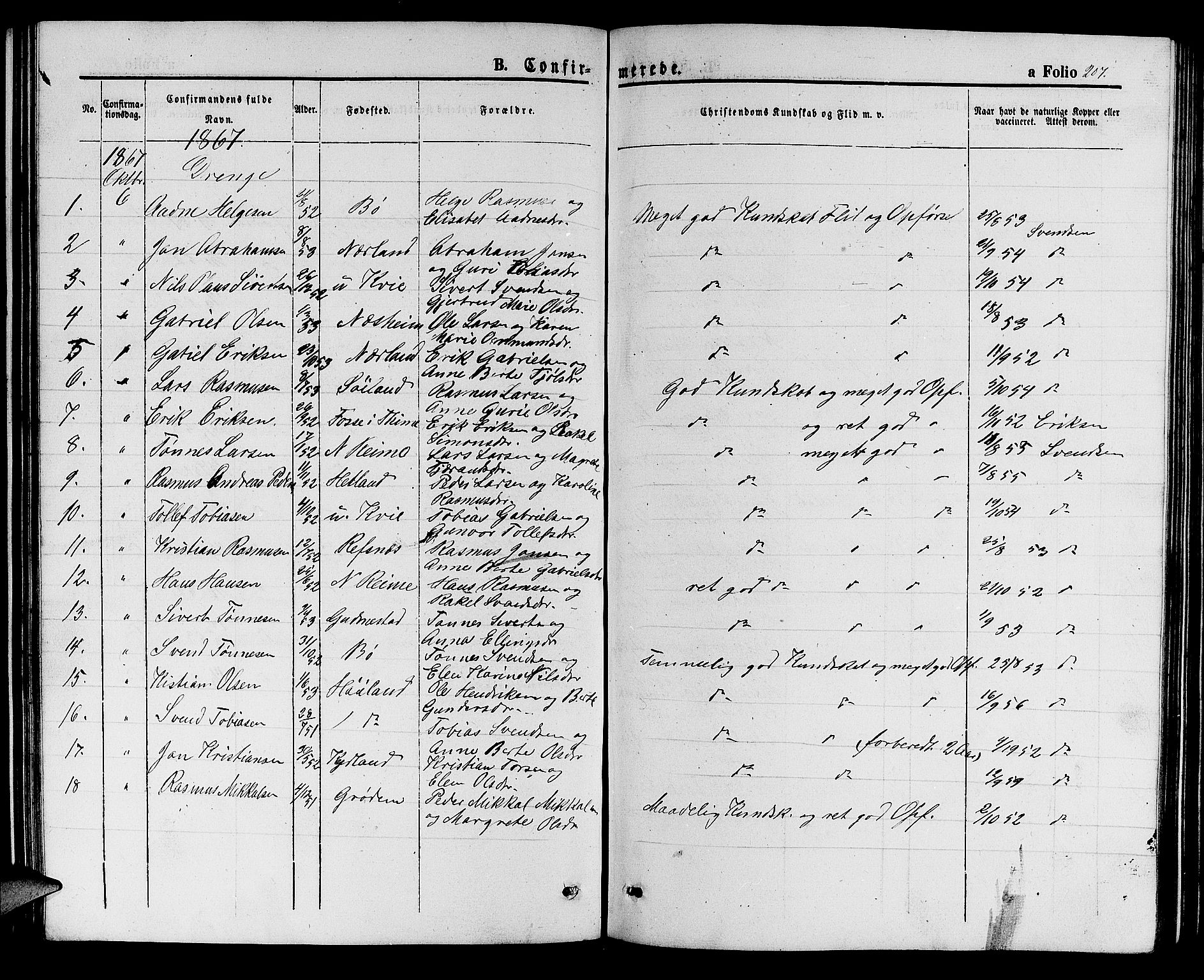 Hå sokneprestkontor, AV/SAST-A-101801/001/30BB/L0001: Parish register (copy) no. B 1, 1854-1883, p. 207