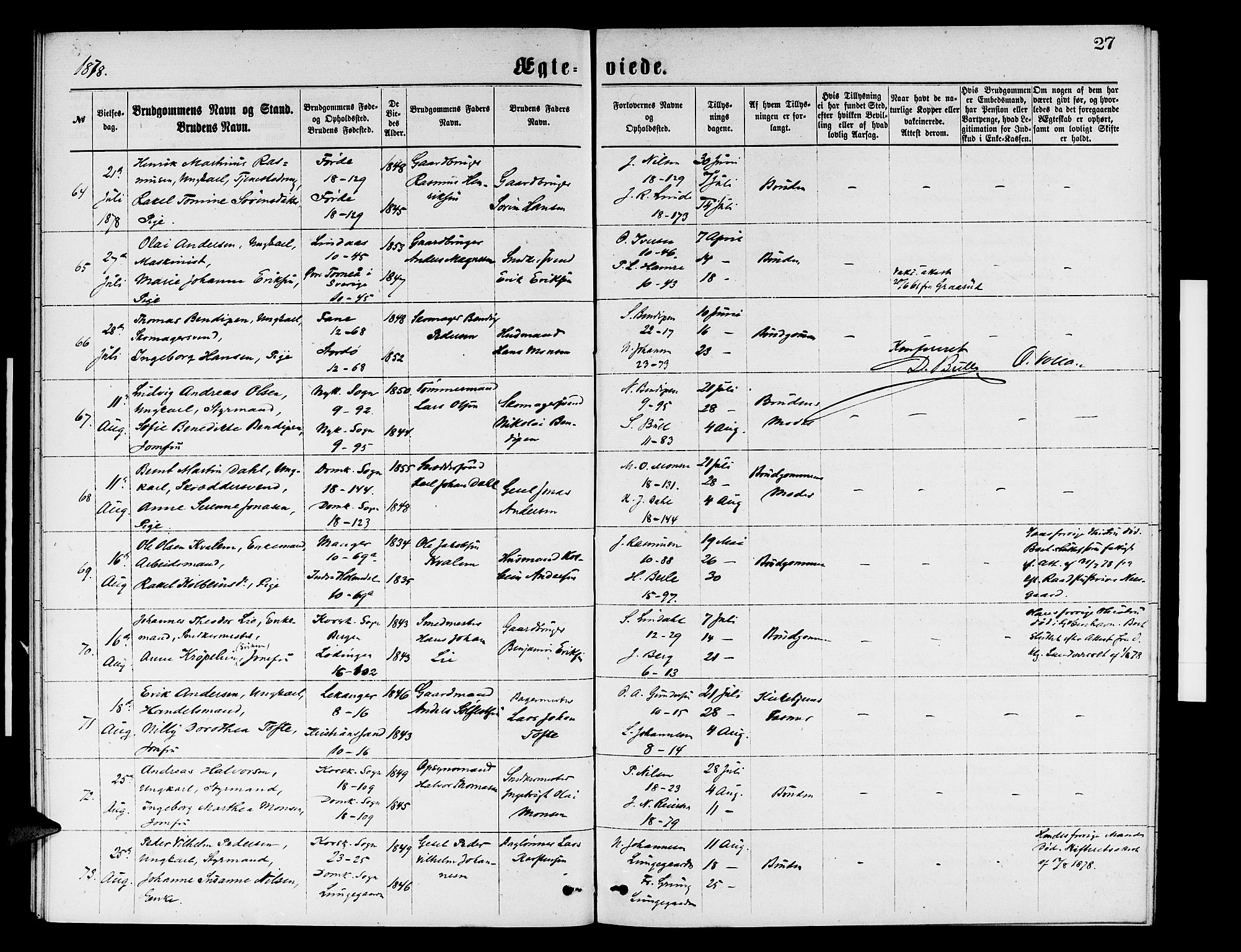 Domkirken sokneprestembete, AV/SAB-A-74801/H/Hab/L0031: Parish register (copy) no. D 3, 1877-1880, p. 27