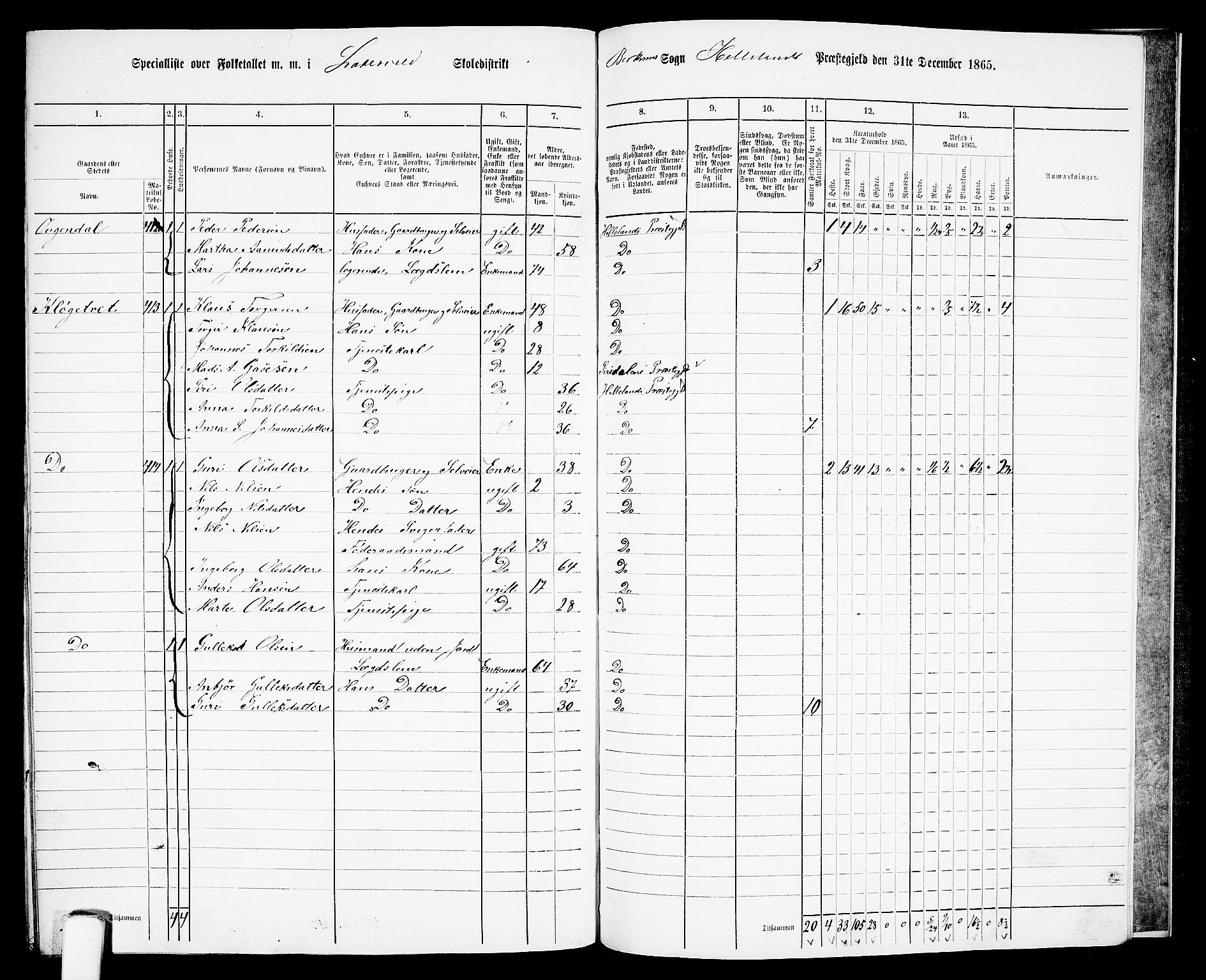 RA, 1865 census for Helleland, 1865, p. 139