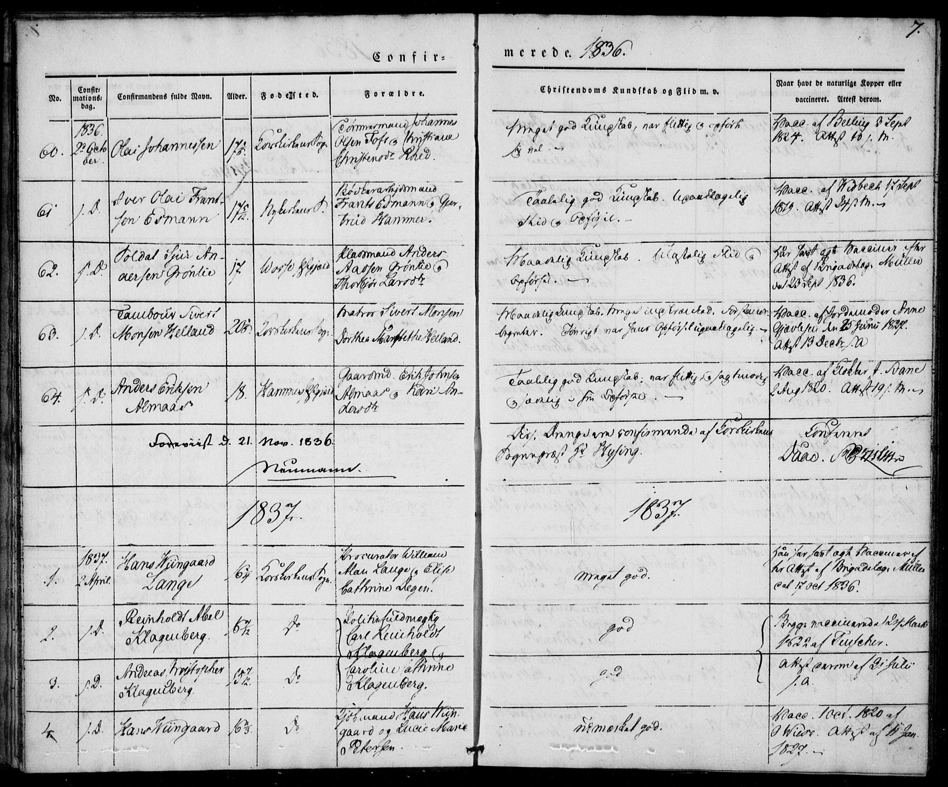 Korskirken sokneprestembete, SAB/A-76101/H/Haa/L0025: Parish register (official) no. C 1, 1836-1842, p. 7