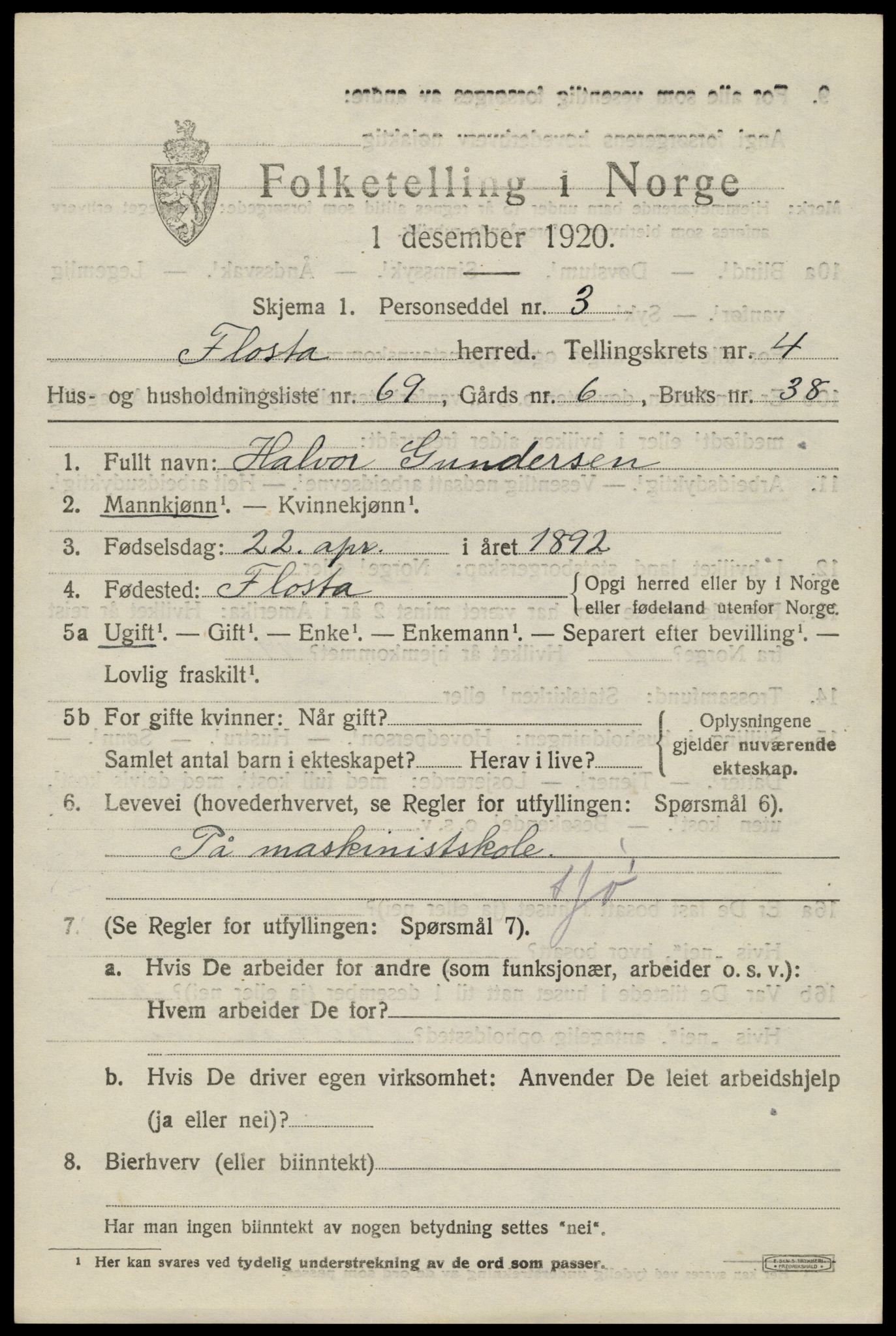 SAK, 1920 census for Flosta, 1920, p. 2854