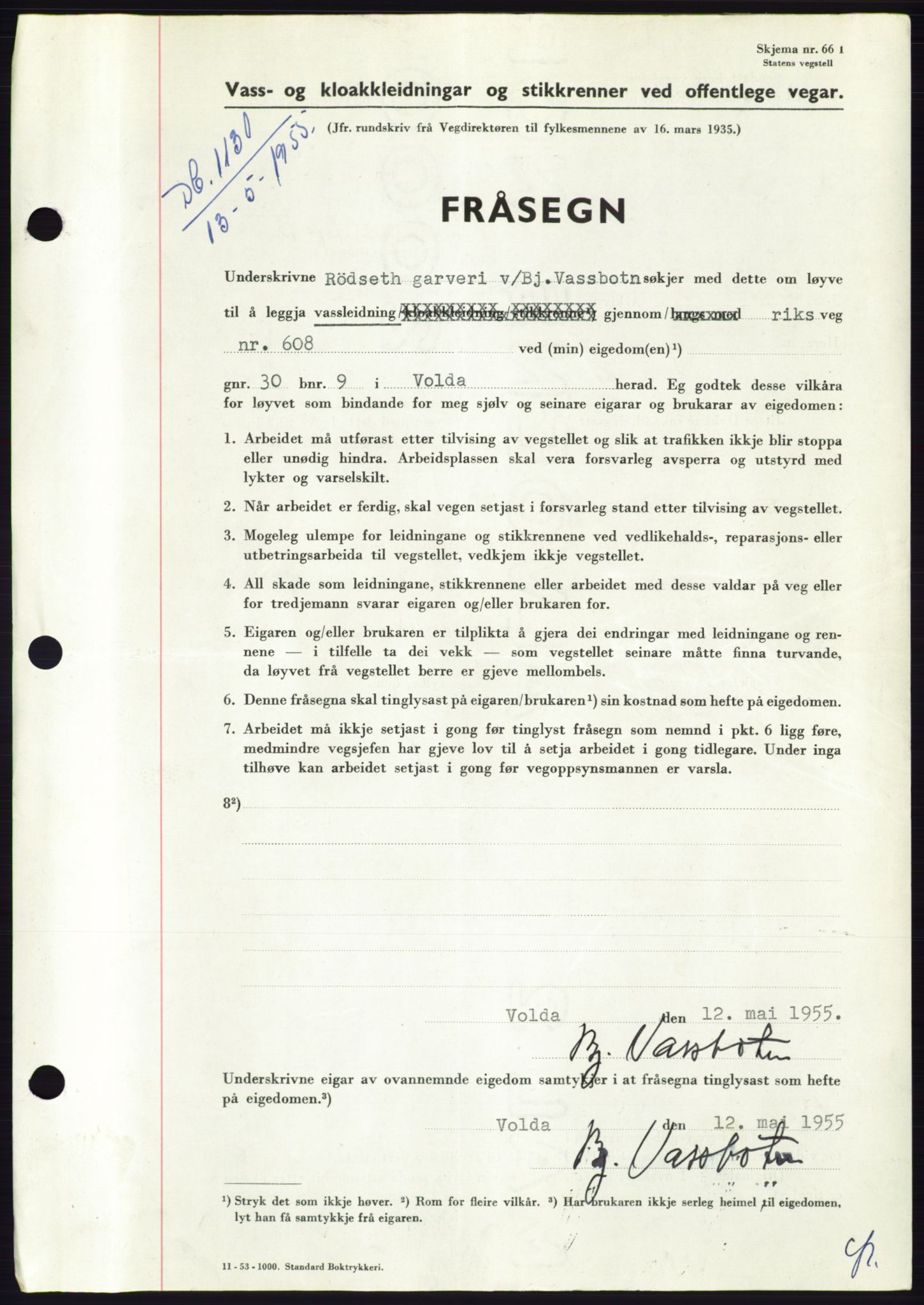Søre Sunnmøre sorenskriveri, AV/SAT-A-4122/1/2/2C/L0100: Mortgage book no. 26A, 1954-1955, Diary no: : 1130/1955