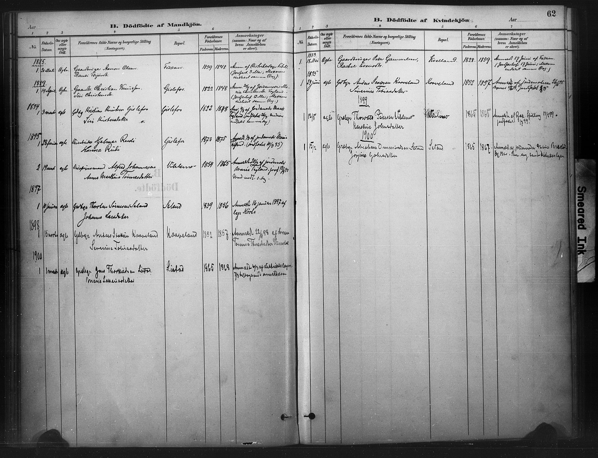 Nord-Audnedal sokneprestkontor, SAK/1111-0032/F/Fa/Faa/L0003: Parish register (official) no. A 3, 1882-1900, p. 62
