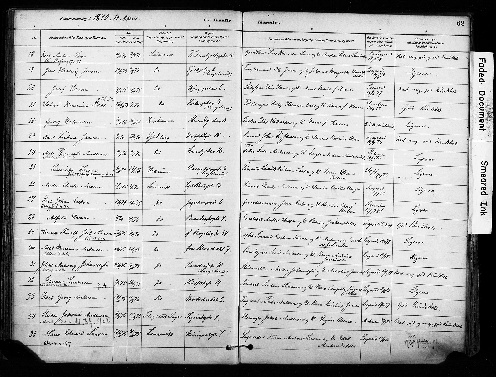 Larvik kirkebøker, AV/SAKO-A-352/F/Fa/L0008: Parish register (official) no. I 8, 1884-1902, p. 62