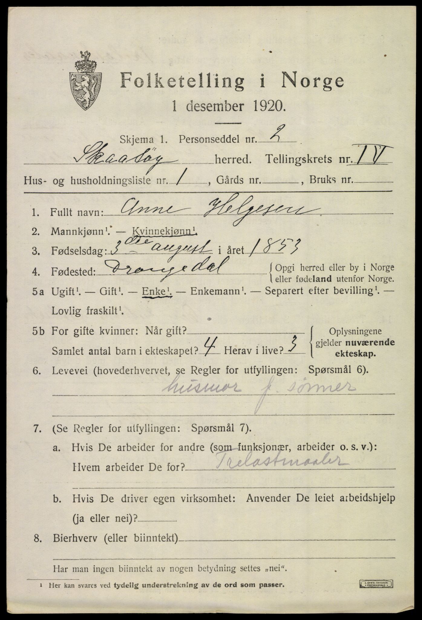 SAKO, 1920 census for Skåtøy, 1920, p. 3130