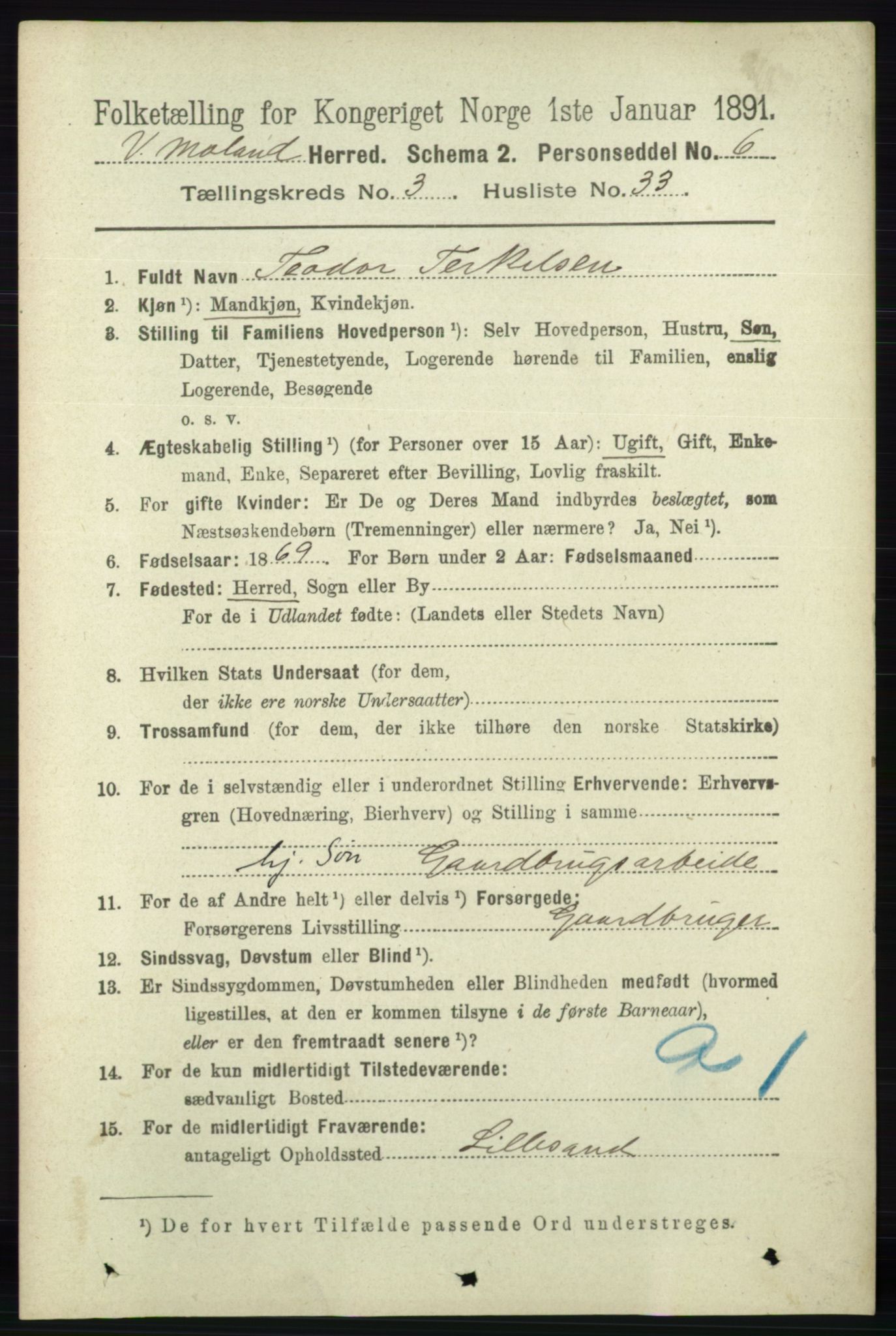 RA, 1891 census for 0926 Vestre Moland, 1891, p. 1138