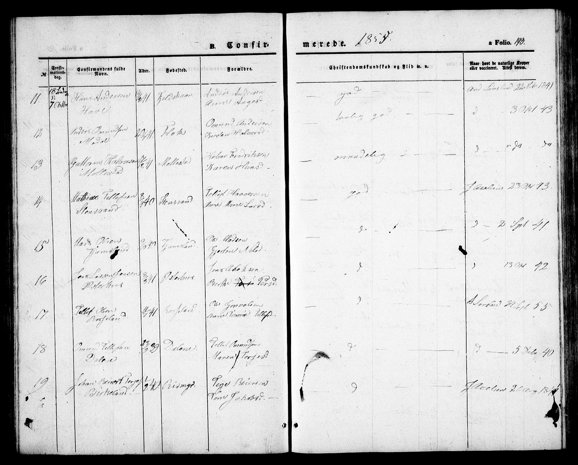 Birkenes sokneprestkontor, SAK/1111-0004/F/Fb/L0002: Parish register (copy) no. B 2, 1849-1876, p. 193