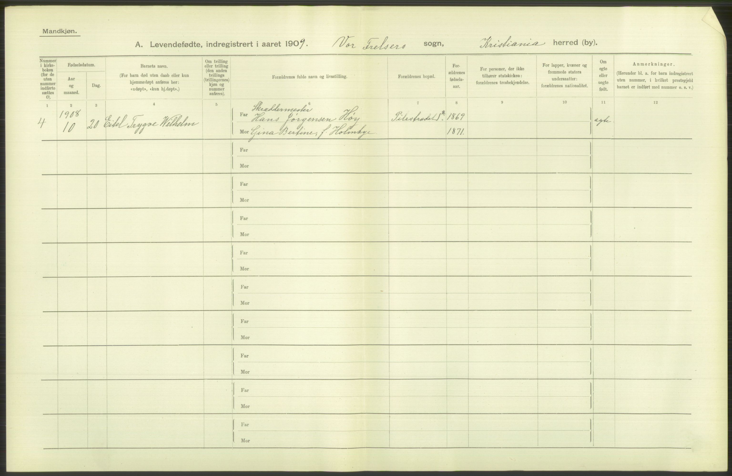 Statistisk sentralbyrå, Sosiodemografiske emner, Befolkning, AV/RA-S-2228/D/Df/Dfa/Dfag/L0007: Kristiania: Levendefødte menn og kvinner., 1909, p. 124