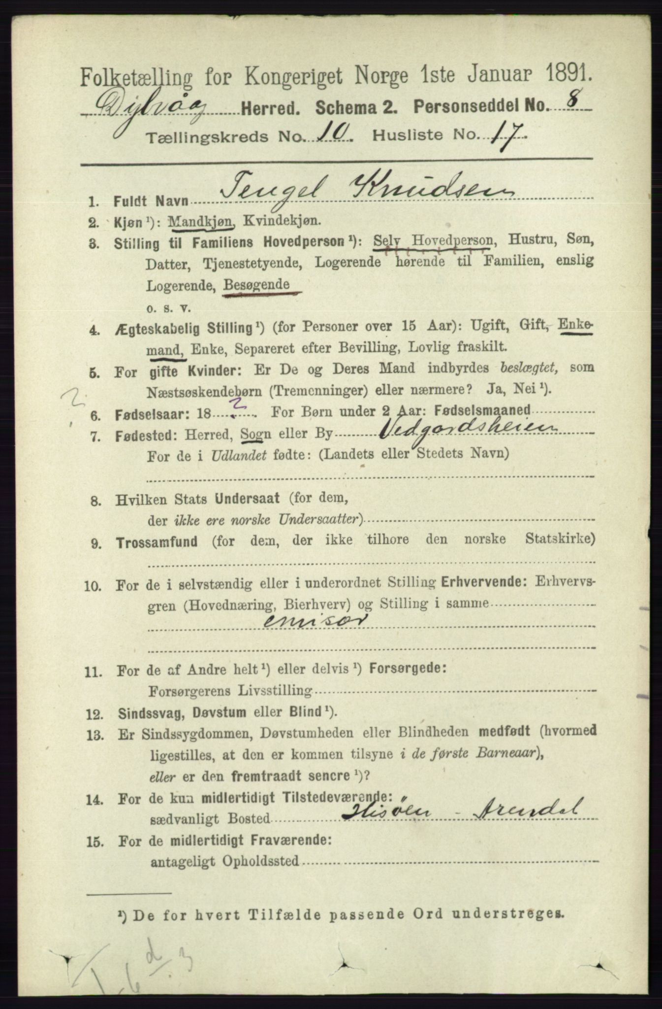 RA, 1891 census for 0915 Dypvåg, 1891, p. 3812