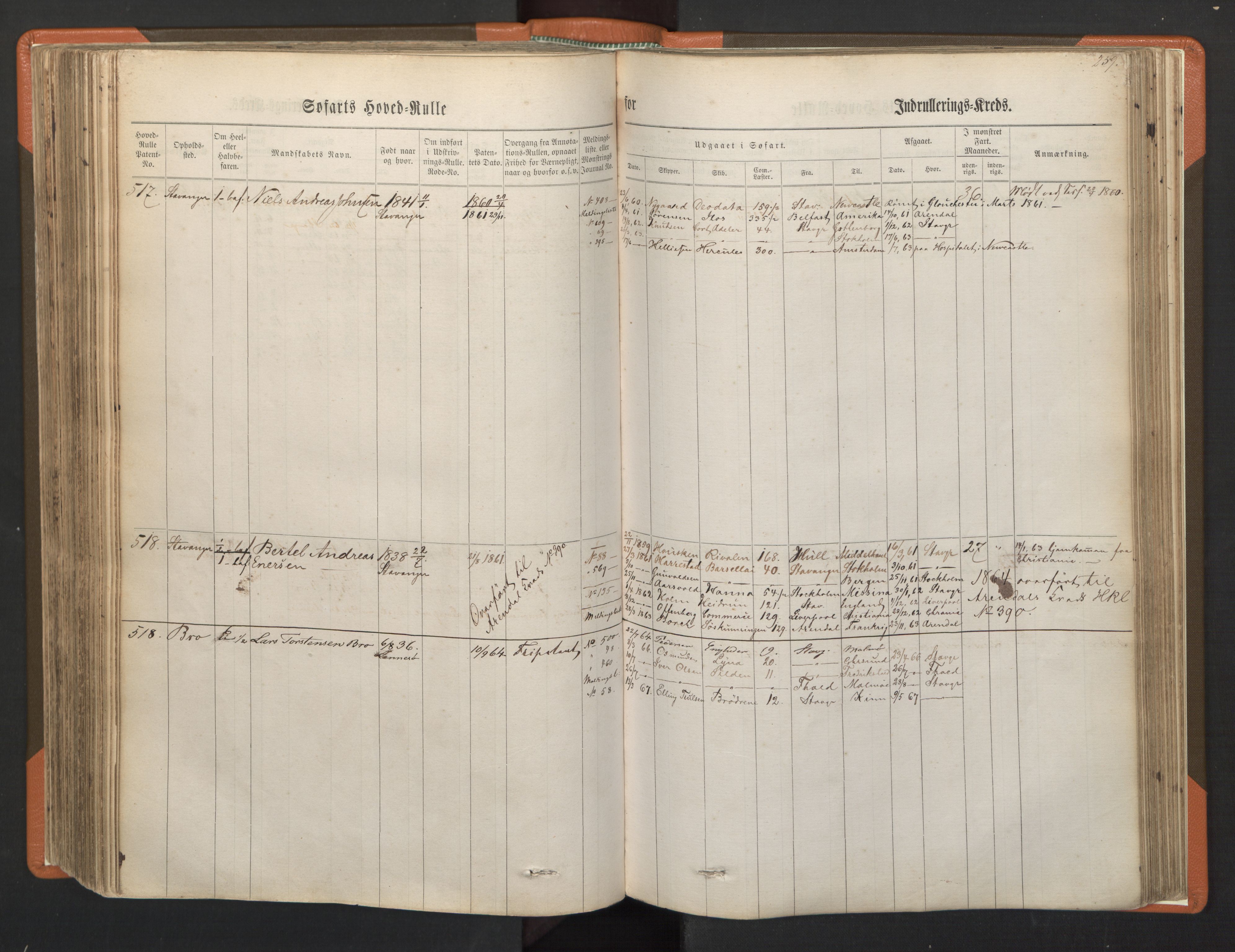 Stavanger sjømannskontor, AV/SAST-A-102006/F/Fb/Fbb/L0001: Sjøfartshovedrulle, patentnr. 1-720 (del 1), 1860-1863, p. 263