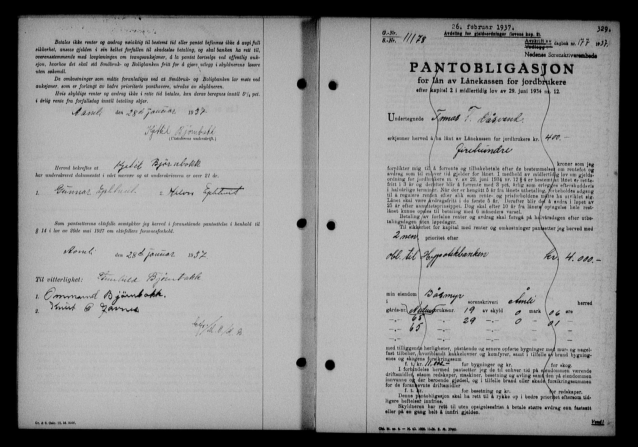 Nedenes sorenskriveri, SAK/1221-0006/G/Gb/Gba/L0043: Mortgage book no. 39, 1936-1937, Diary no: : 177/1937