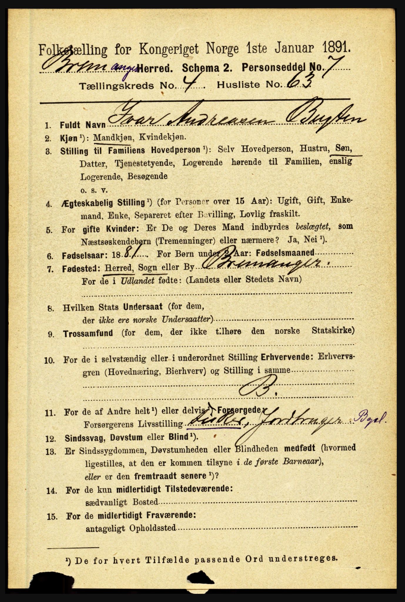 RA, 1891 census for 1438 Bremanger, 1891, p. 1904