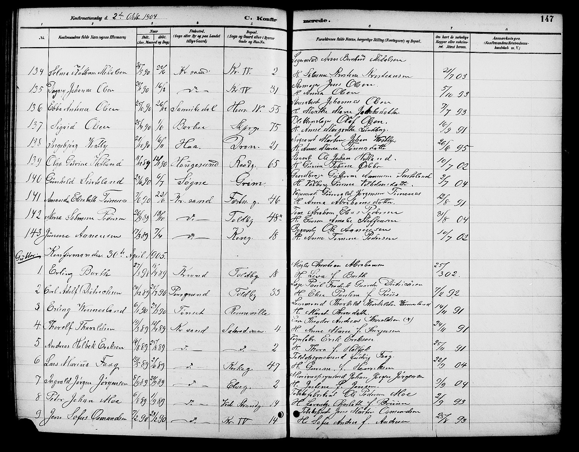 Kristiansand domprosti, AV/SAK-1112-0006/F/Fb/L0017: Parish register (copy) no. B 17, 1893-1906, p. 147