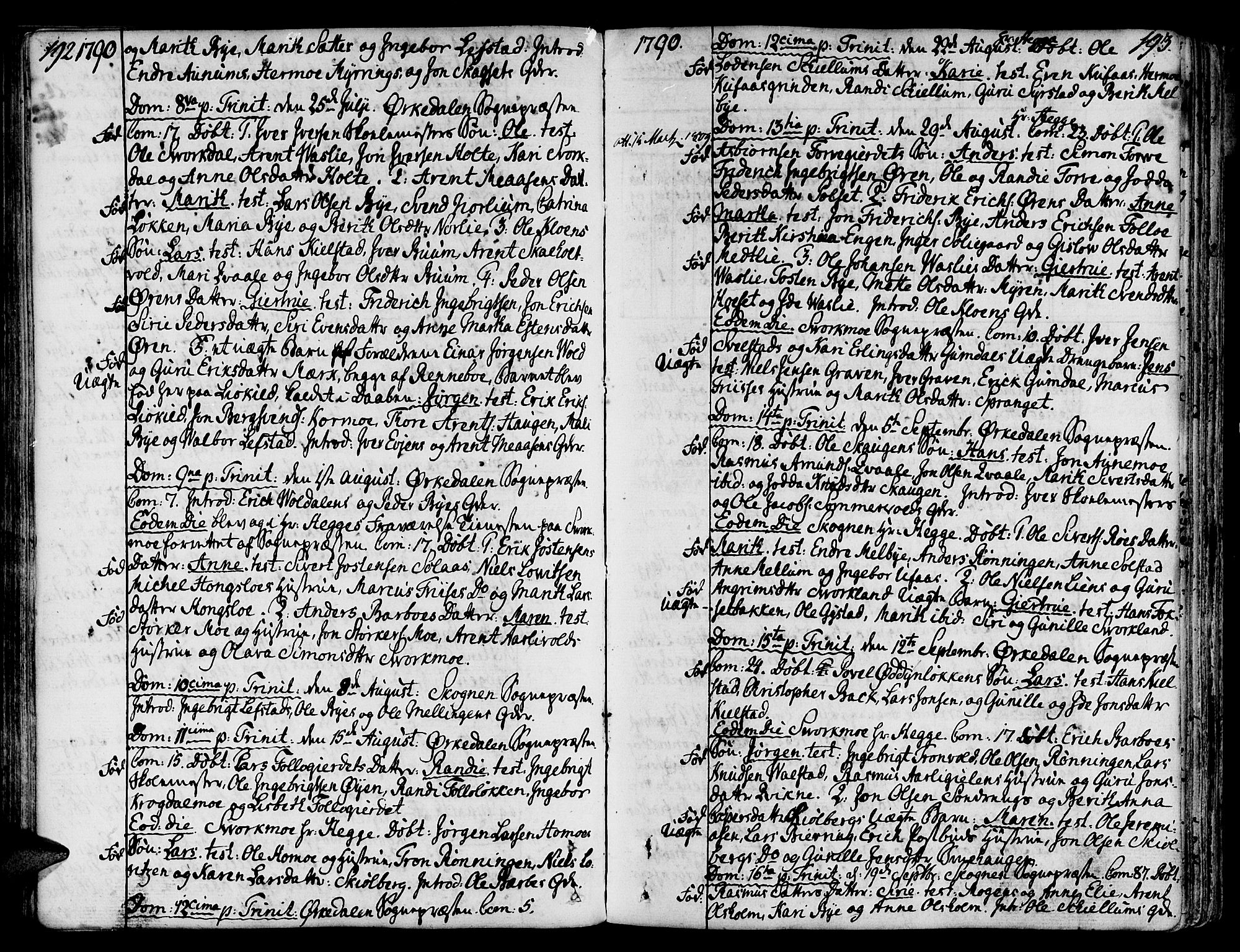 Ministerialprotokoller, klokkerbøker og fødselsregistre - Sør-Trøndelag, SAT/A-1456/668/L0802: Parish register (official) no. 668A02, 1776-1799, p. 192-193