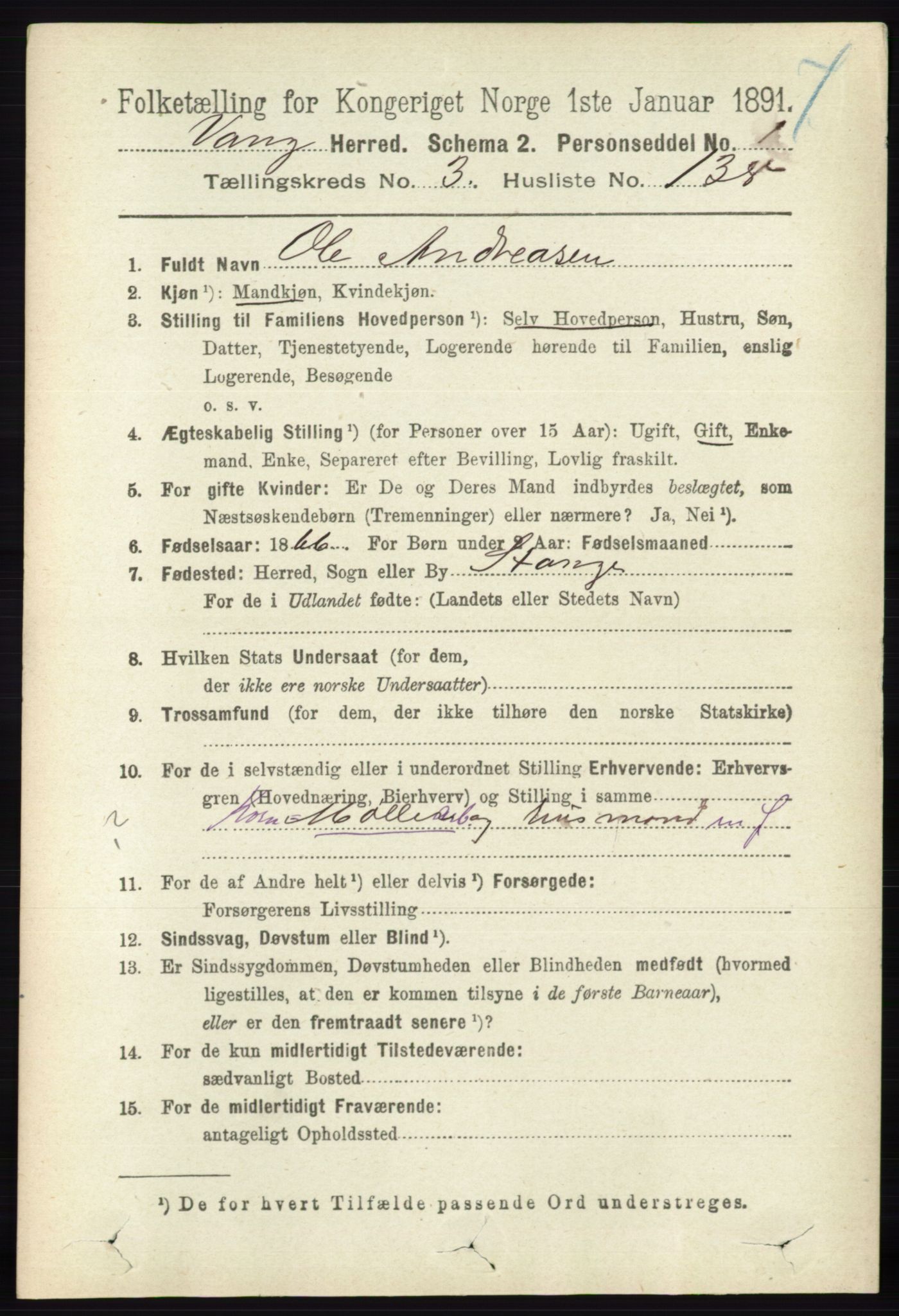 RA, 1891 census for 0414 Vang, 1891, p. 2624