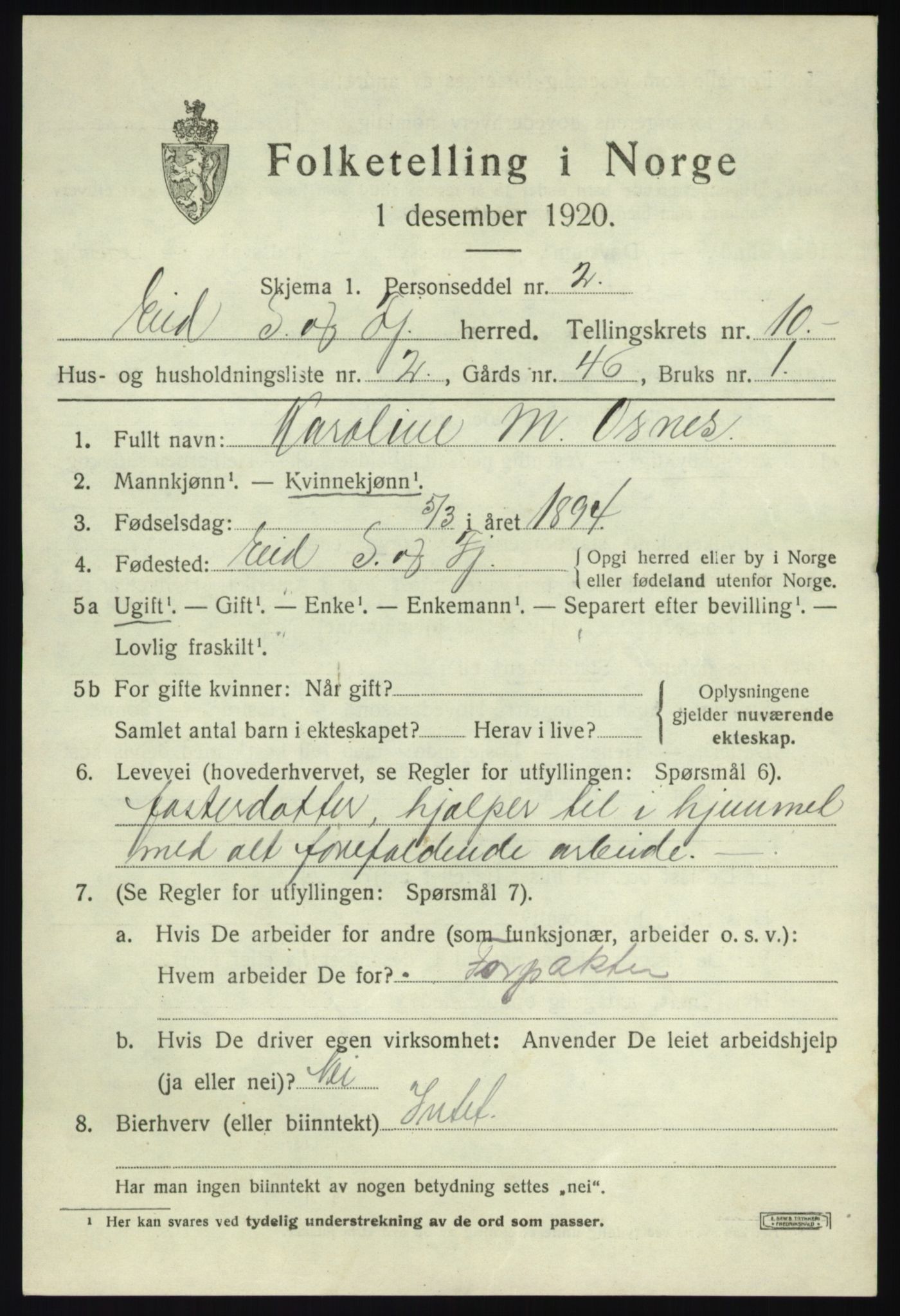 SAB, 1920 census for Eid, 1920, p. 5006
