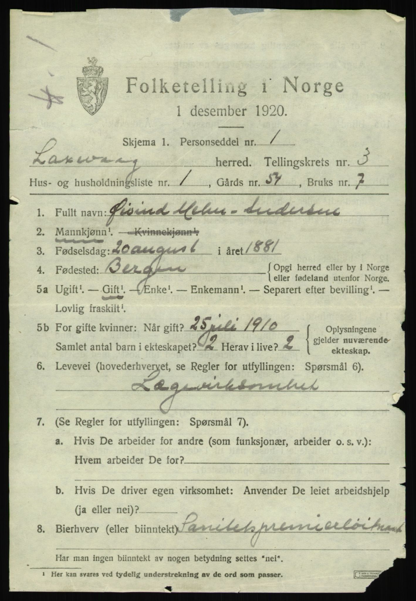 SAB, 1920 census for Laksevåg, 1920, p. 7986