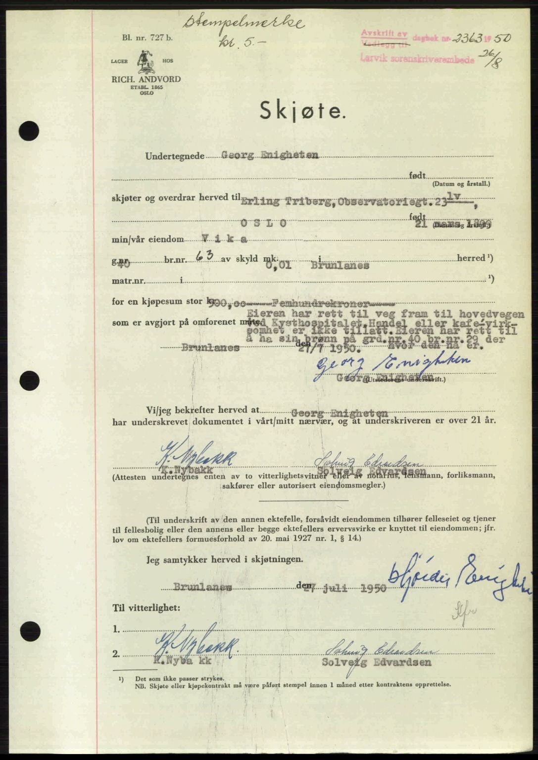 Larvik sorenskriveri, AV/SAKO-A-83/G/Ga/Gab/L0092: Mortgage book no. A-26, 1950-1950, Diary no: : 2363/1950