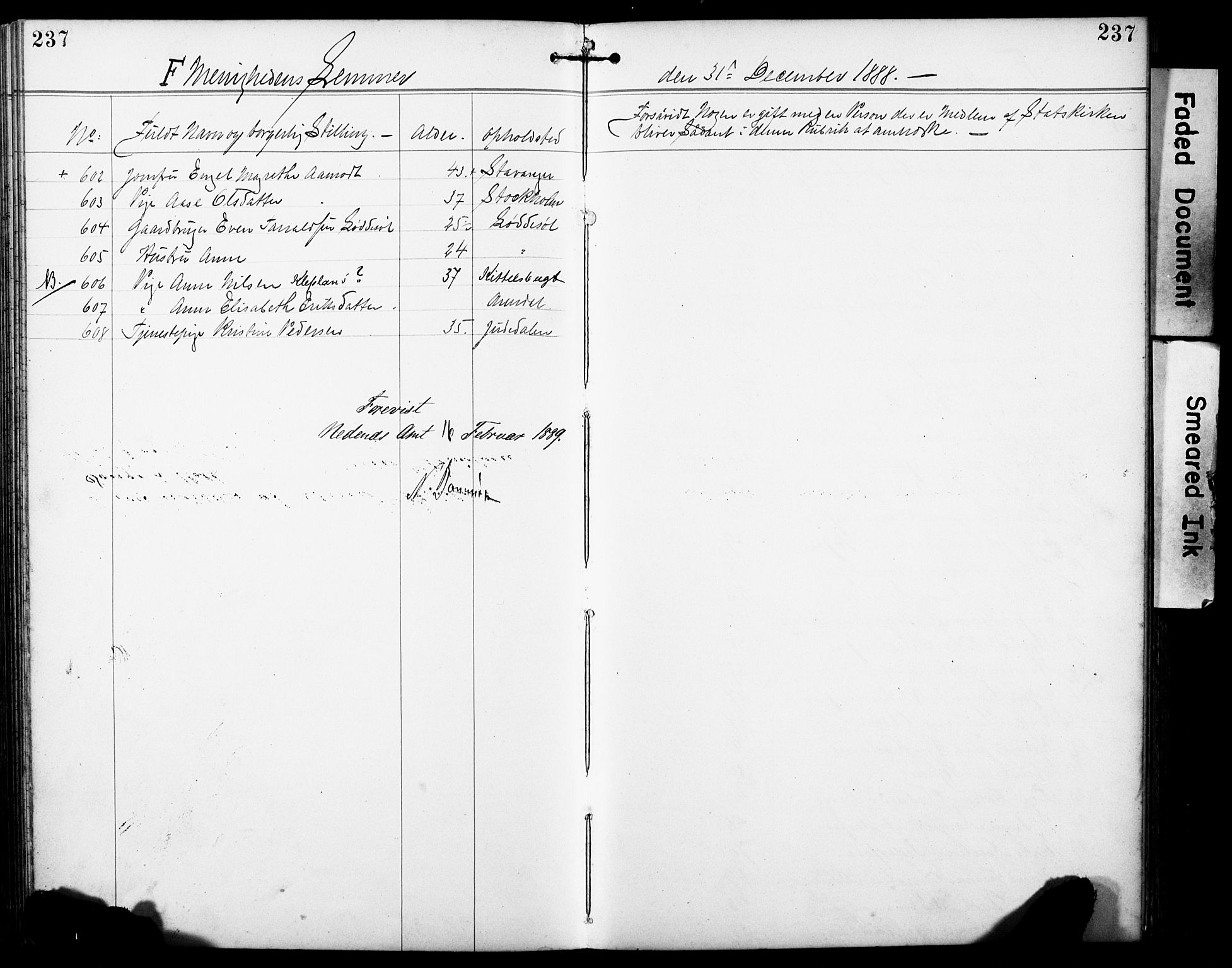 Den evangelisk-lutherske frimenighet, Arendal, AV/SAK-1292-0005/F/Fa/L0002: Dissenter register no. F 6, 1884-1908, p. 237