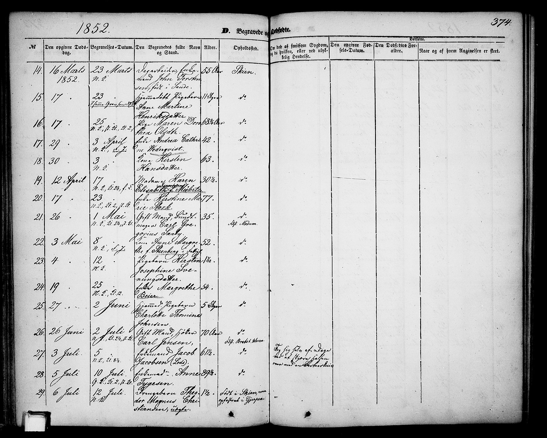 Skien kirkebøker, SAKO/A-302/G/Ga/L0004: Parish register (copy) no. 4, 1843-1867, p. 374