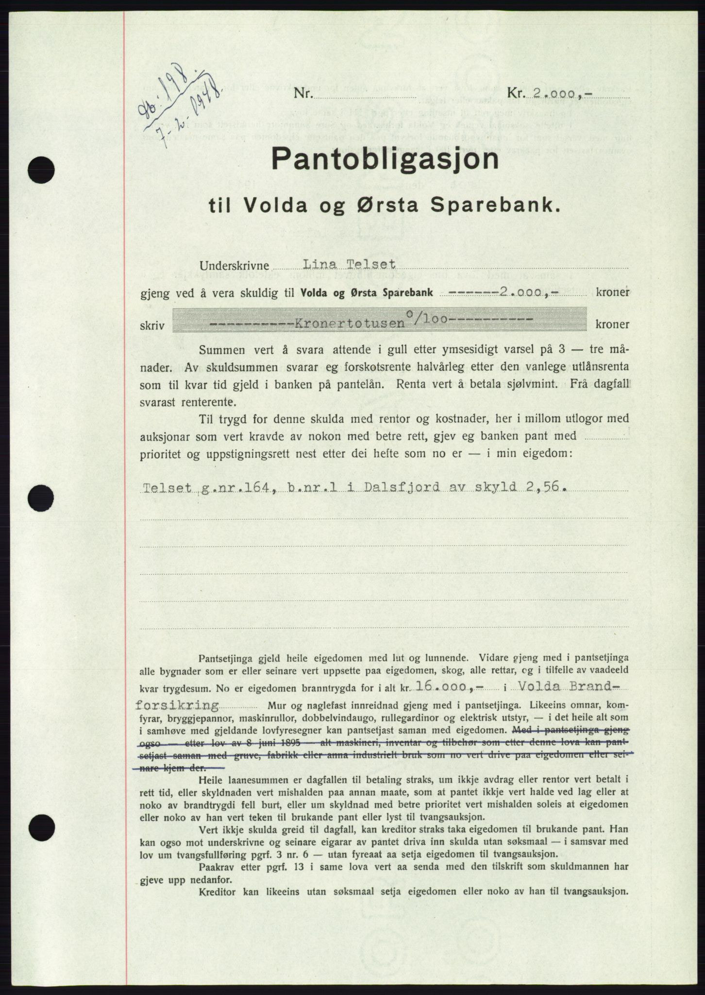 Søre Sunnmøre sorenskriveri, AV/SAT-A-4122/1/2/2C/L0115: Mortgage book no. 3B, 1947-1948, Diary no: : 198/1948