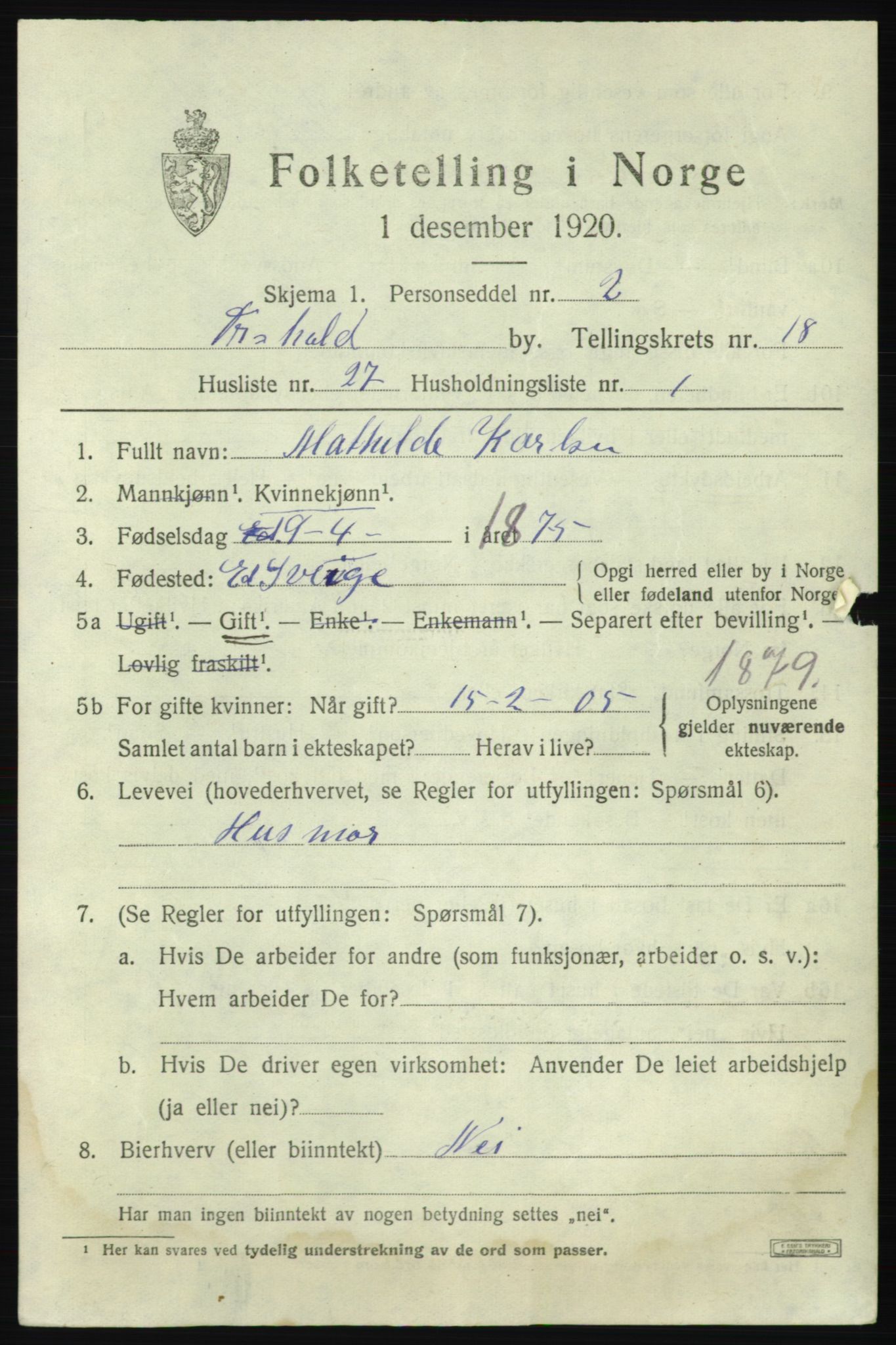 SAO, 1920 census for Fredrikshald, 1920, p. 27943