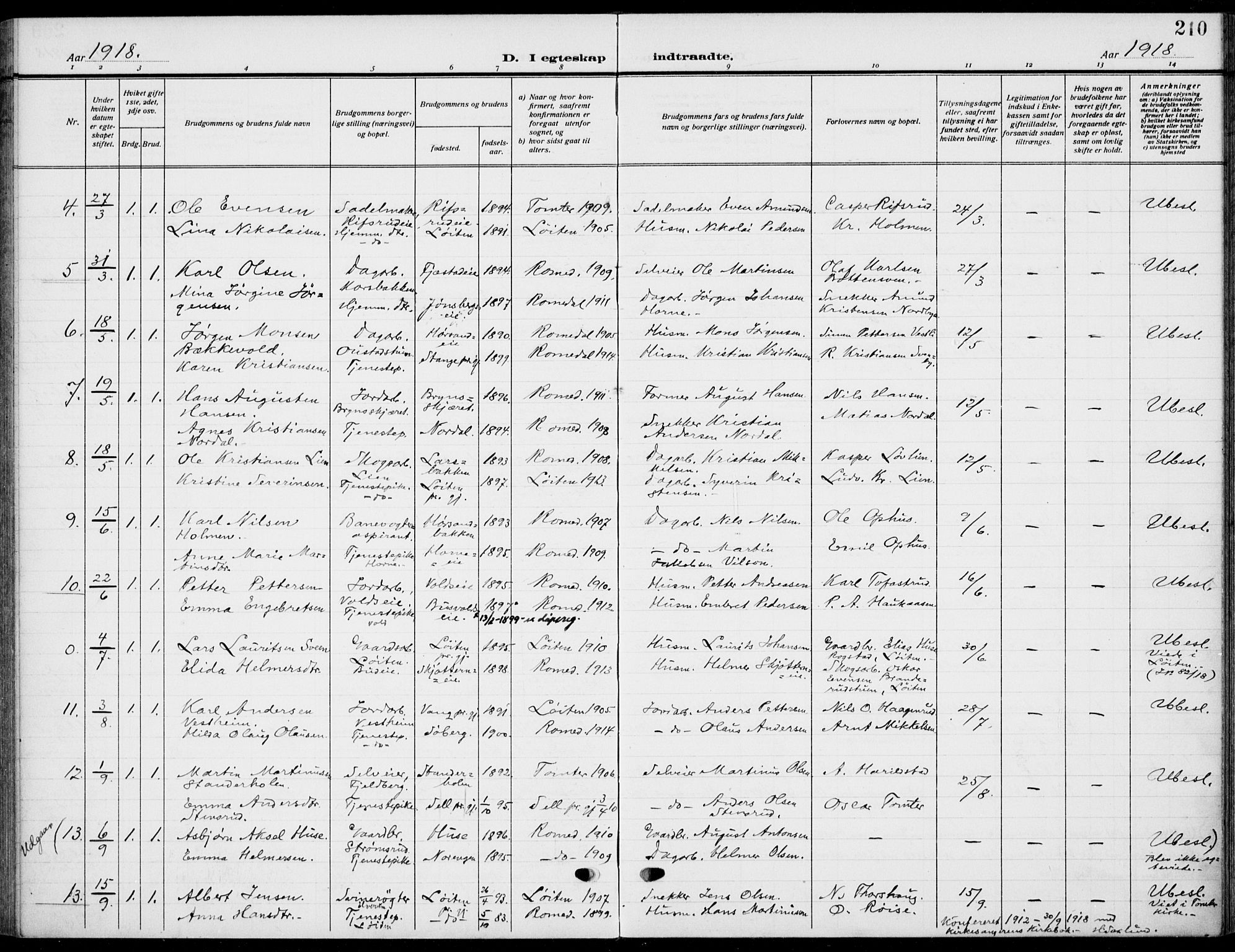 Romedal prestekontor, AV/SAH-PREST-004/K/L0012: Parish register (official) no. 12, 1913-1935, p. 210