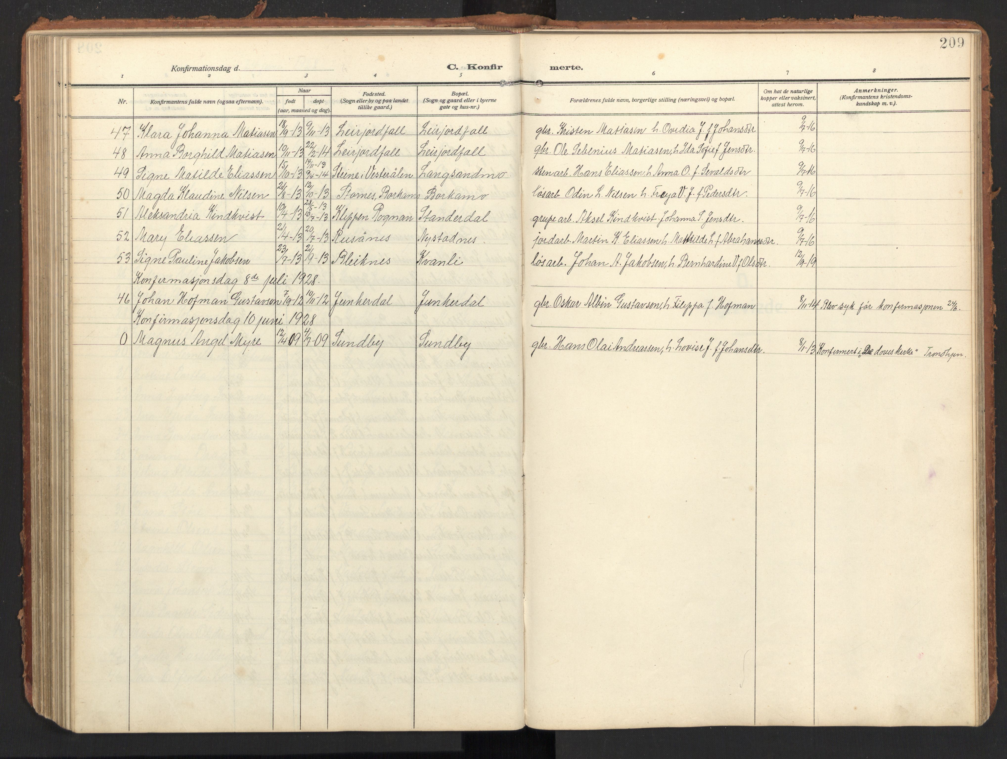 Ministerialprotokoller, klokkerbøker og fødselsregistre - Nordland, AV/SAT-A-1459/847/L0683: Parish register (copy) no. 847C11, 1908-1929, p. 209