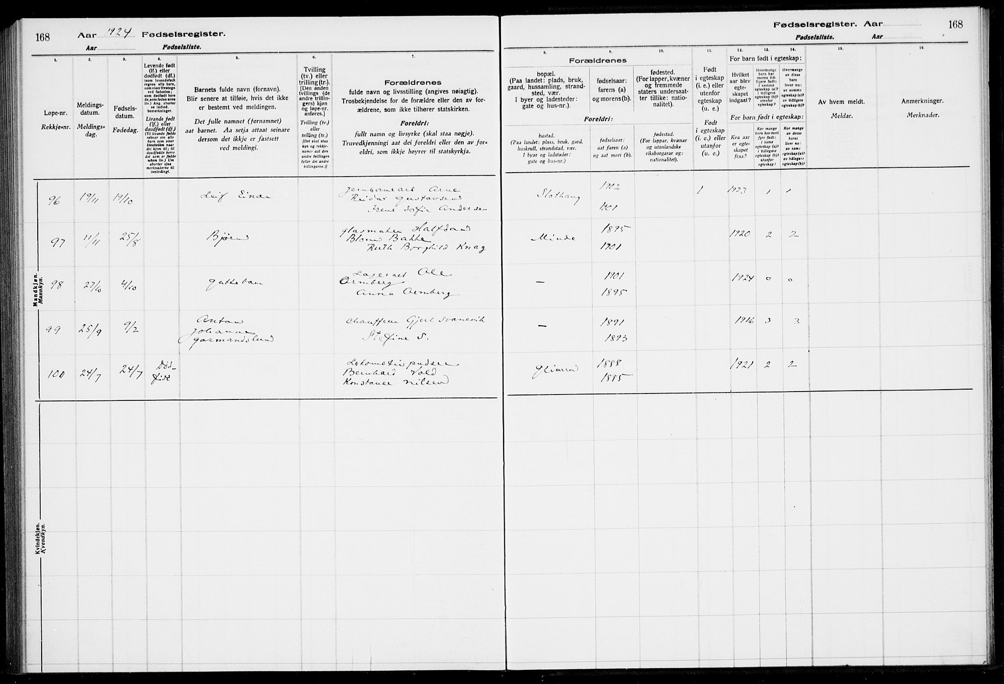 Birkeland Sokneprestembete, AV/SAB-A-74601/I/Id/L00A1: Birth register no. A 1, 1916-1926, p. 168