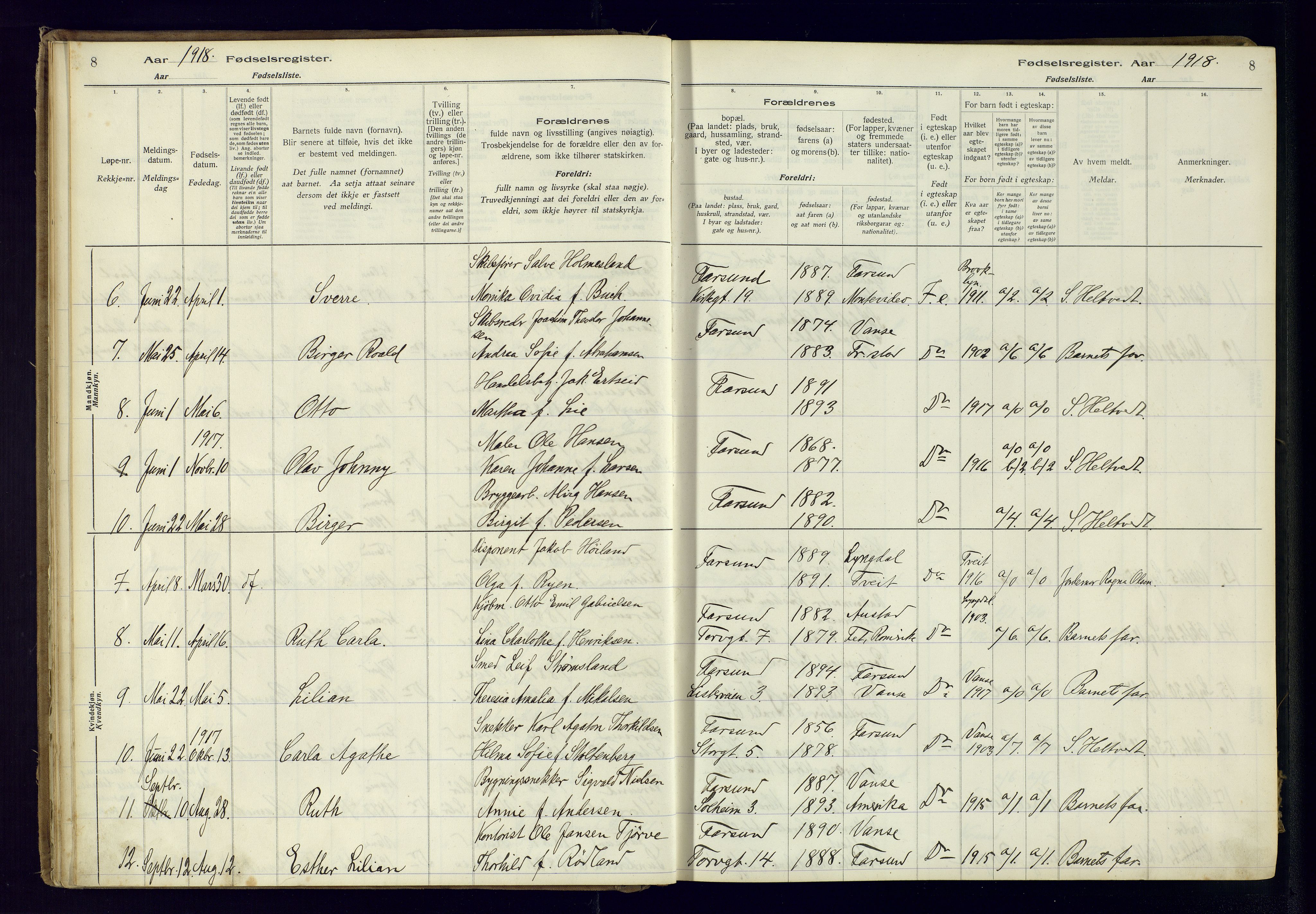 Farsund sokneprestkontor, AV/SAK-1111-0009/J/Ja/L0001: Birth register no. A-VI-8, 1916-1950, p. 8