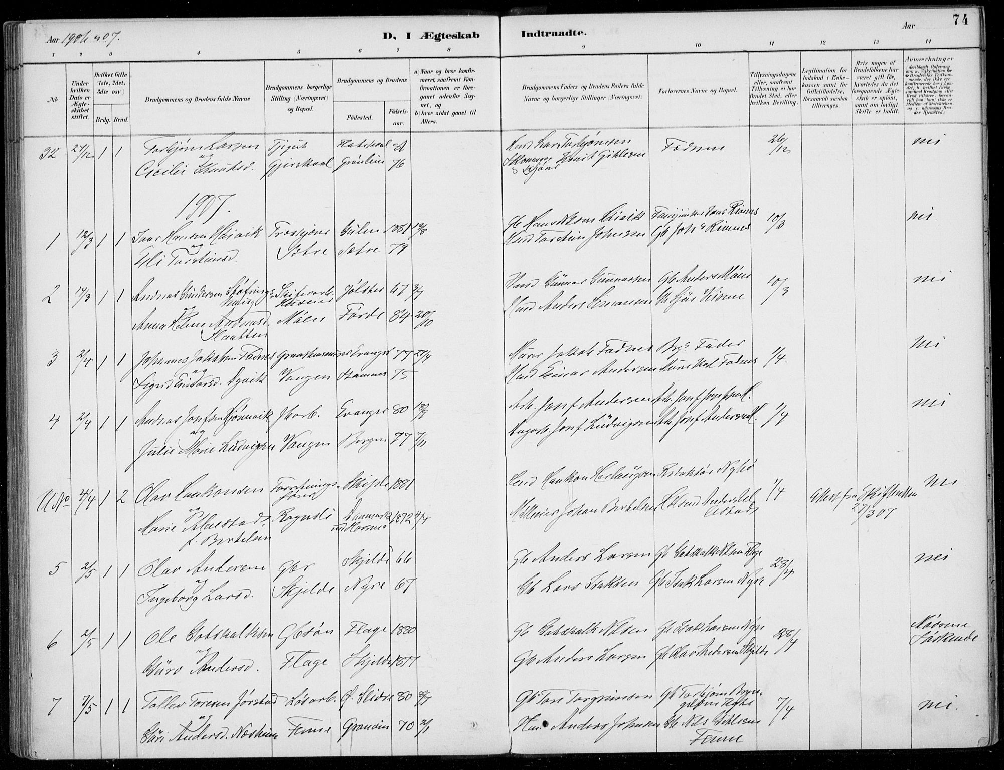 Voss sokneprestembete, AV/SAB-A-79001/H/Haa: Parish register (official) no. C  1, 1887-1915, p. 74