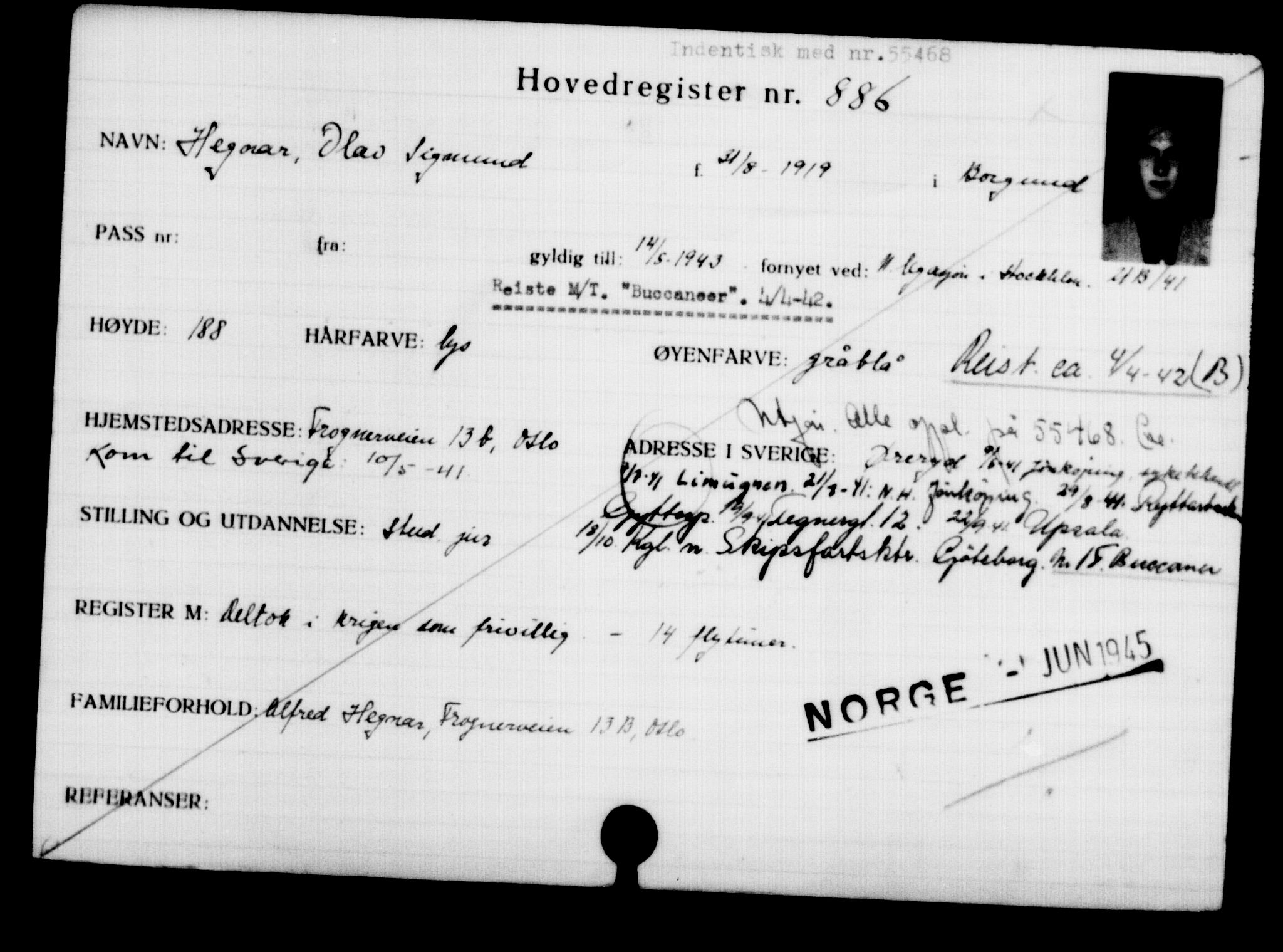 Utenriksstasjonene, Legasjonen i Stockholm, Flyktningkontoret, AV/RA-S-6753/V/Va/L0001: Kjesäterkartoteket, flyktninger med registreringsnr. 1-1000, 1940-1945, p. 1405
