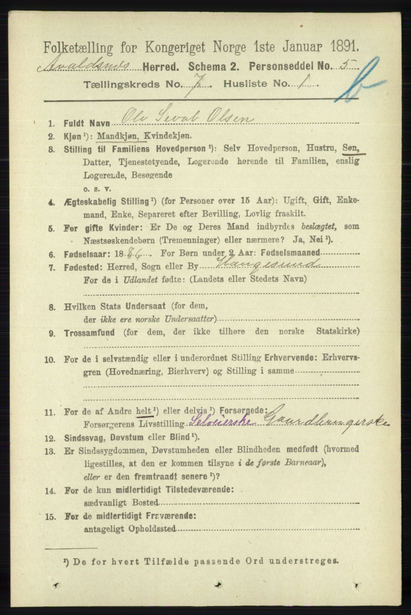 RA, 1891 census for 1147 Avaldsnes, 1891, p. 3666