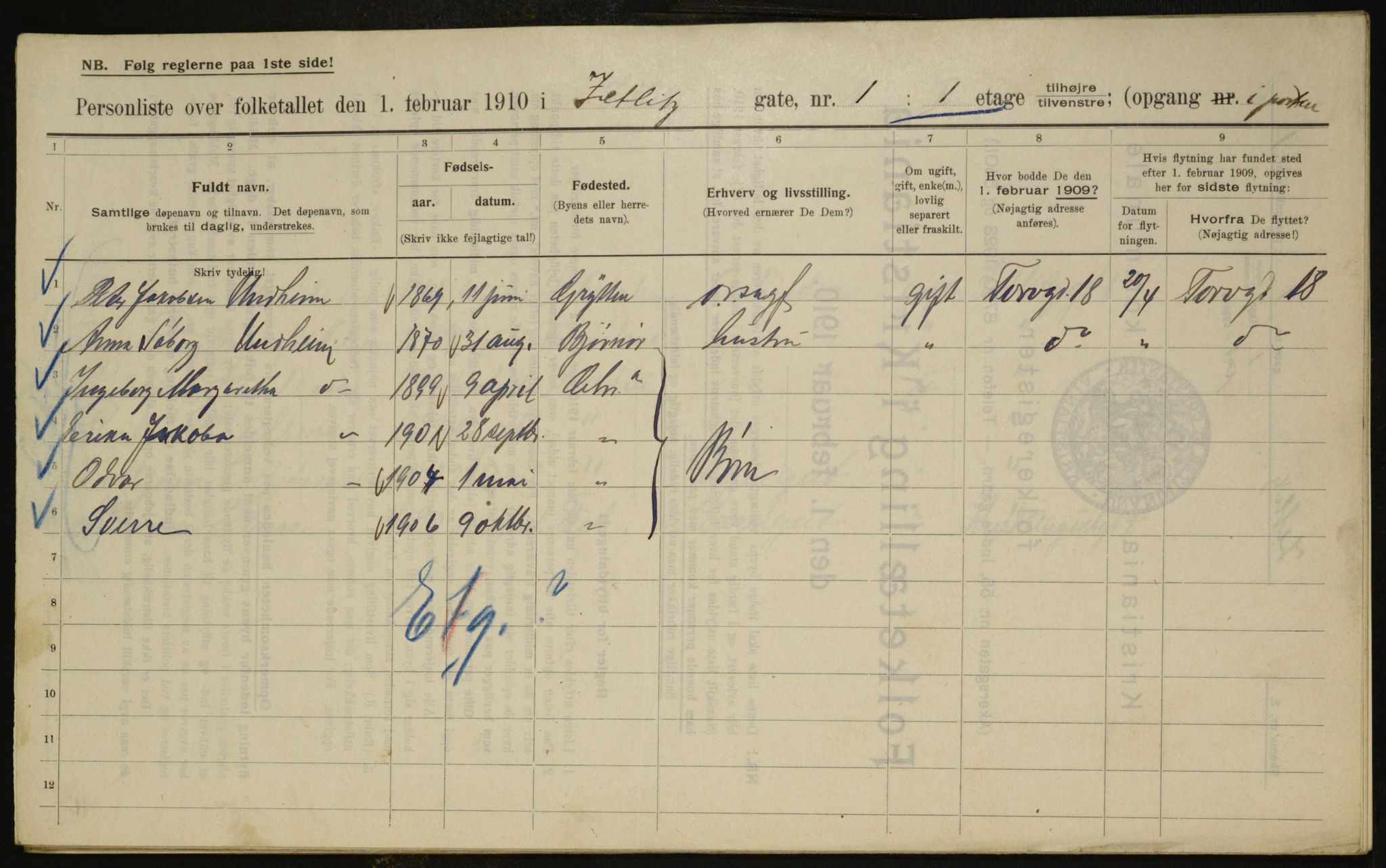 OBA, Municipal Census 1910 for Kristiania, 1910, p. 121938