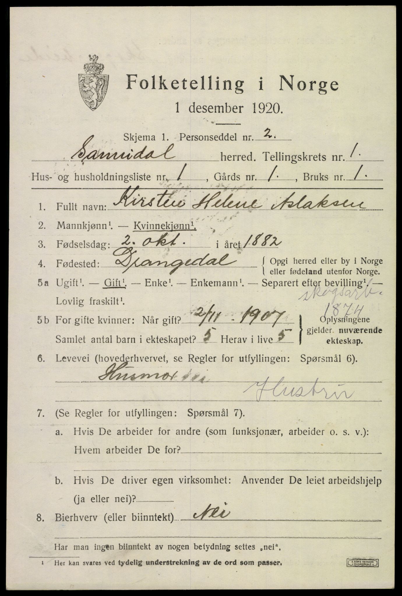 SAKO, 1920 census for Sannidal, 1920, p. 1029