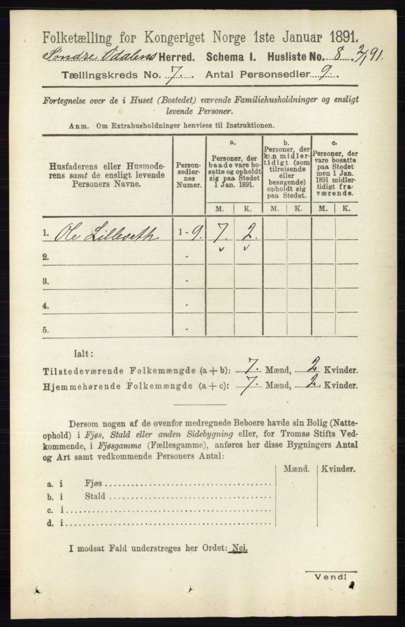 RA, 1891 census for 0419 Sør-Odal, 1891, p. 3499