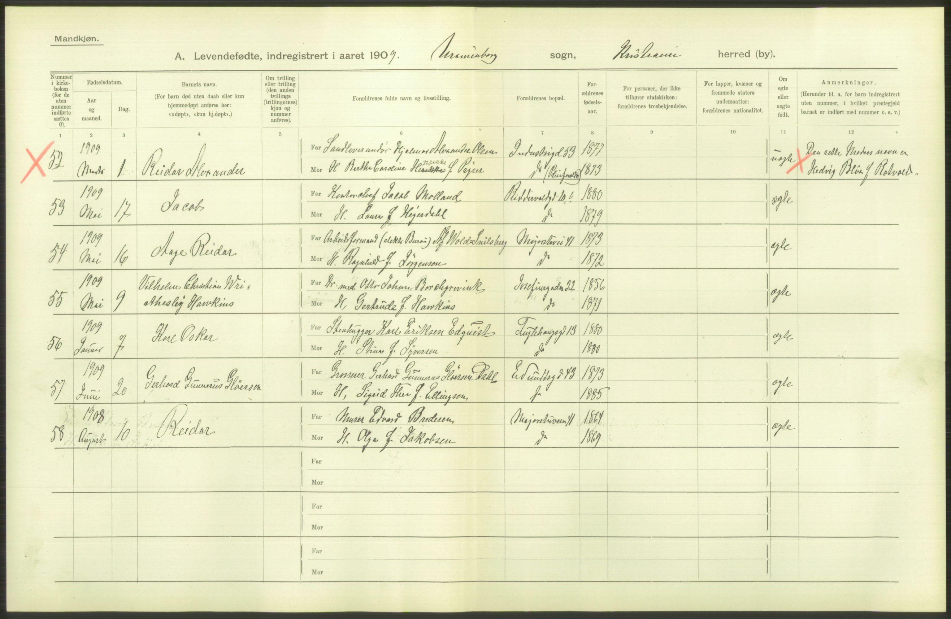 Statistisk sentralbyrå, Sosiodemografiske emner, Befolkning, AV/RA-S-2228/D/Df/Dfa/Dfag/L0007: Kristiania: Levendefødte menn og kvinner., 1909, p. 42