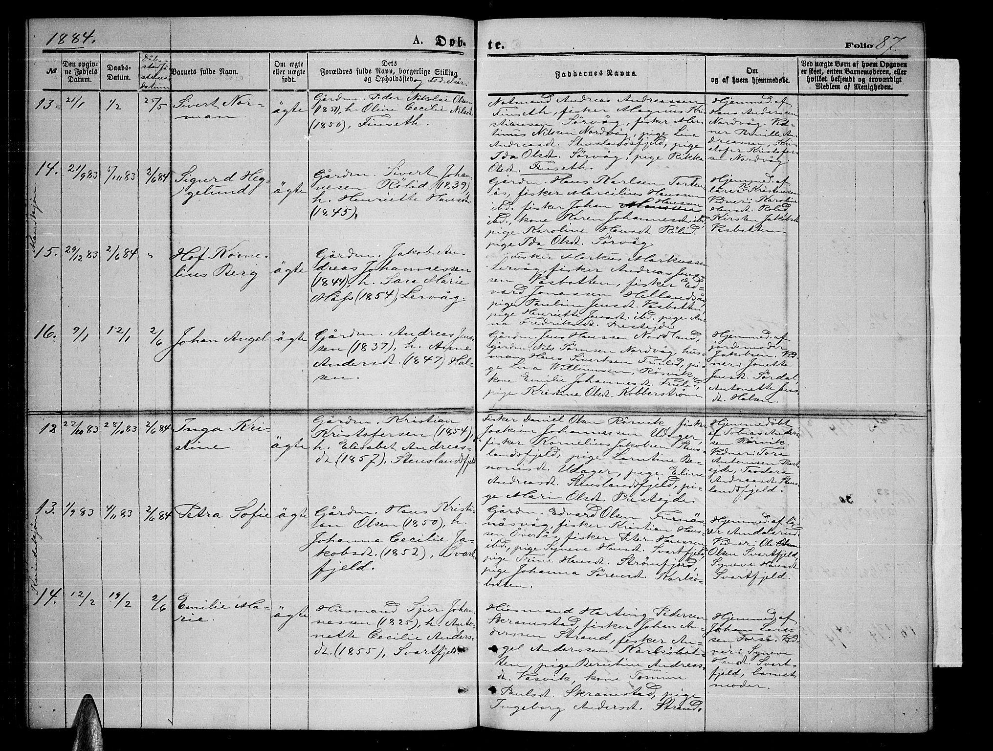 Ministerialprotokoller, klokkerbøker og fødselsregistre - Nordland, AV/SAT-A-1459/859/L0858: Parish register (copy) no. 859C04, 1873-1886, p. 87