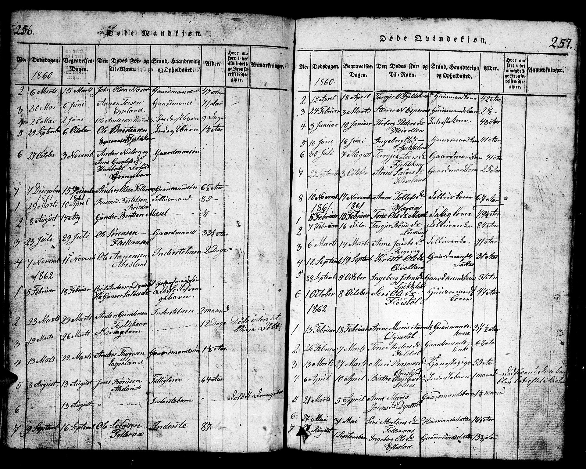 Bjelland sokneprestkontor, SAK/1111-0005/F/Fb/Fbb/L0003: Parish register (copy) no. B 3, 1816-1868, p. 256-257