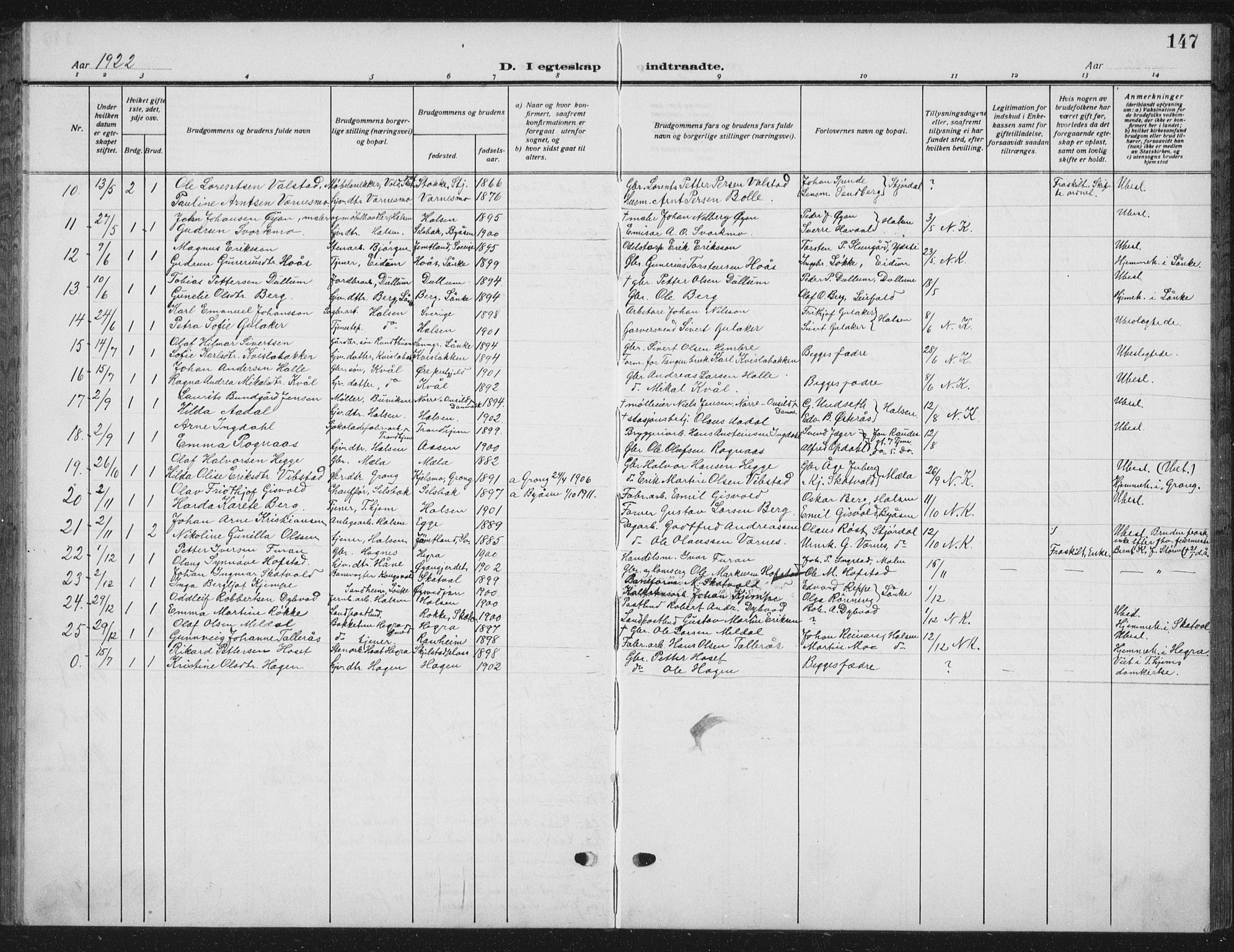 Ministerialprotokoller, klokkerbøker og fødselsregistre - Nord-Trøndelag, SAT/A-1458/709/L0088: Parish register (copy) no. 709C02, 1914-1934, p. 147