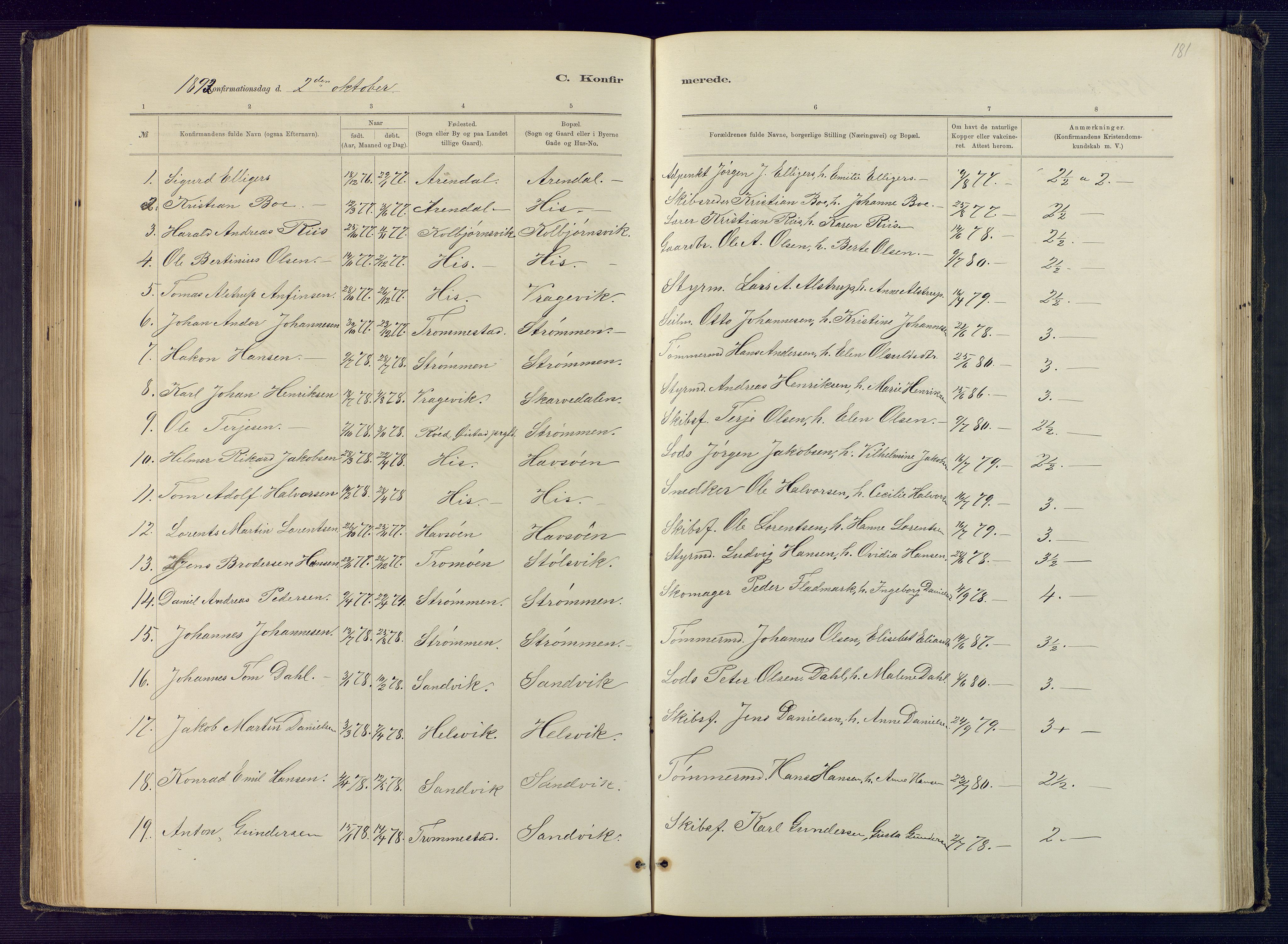 Hisøy sokneprestkontor, SAK/1111-0020/F/Fb/L0003: Parish register (copy) no. B 3, 1885-1905, p. 181