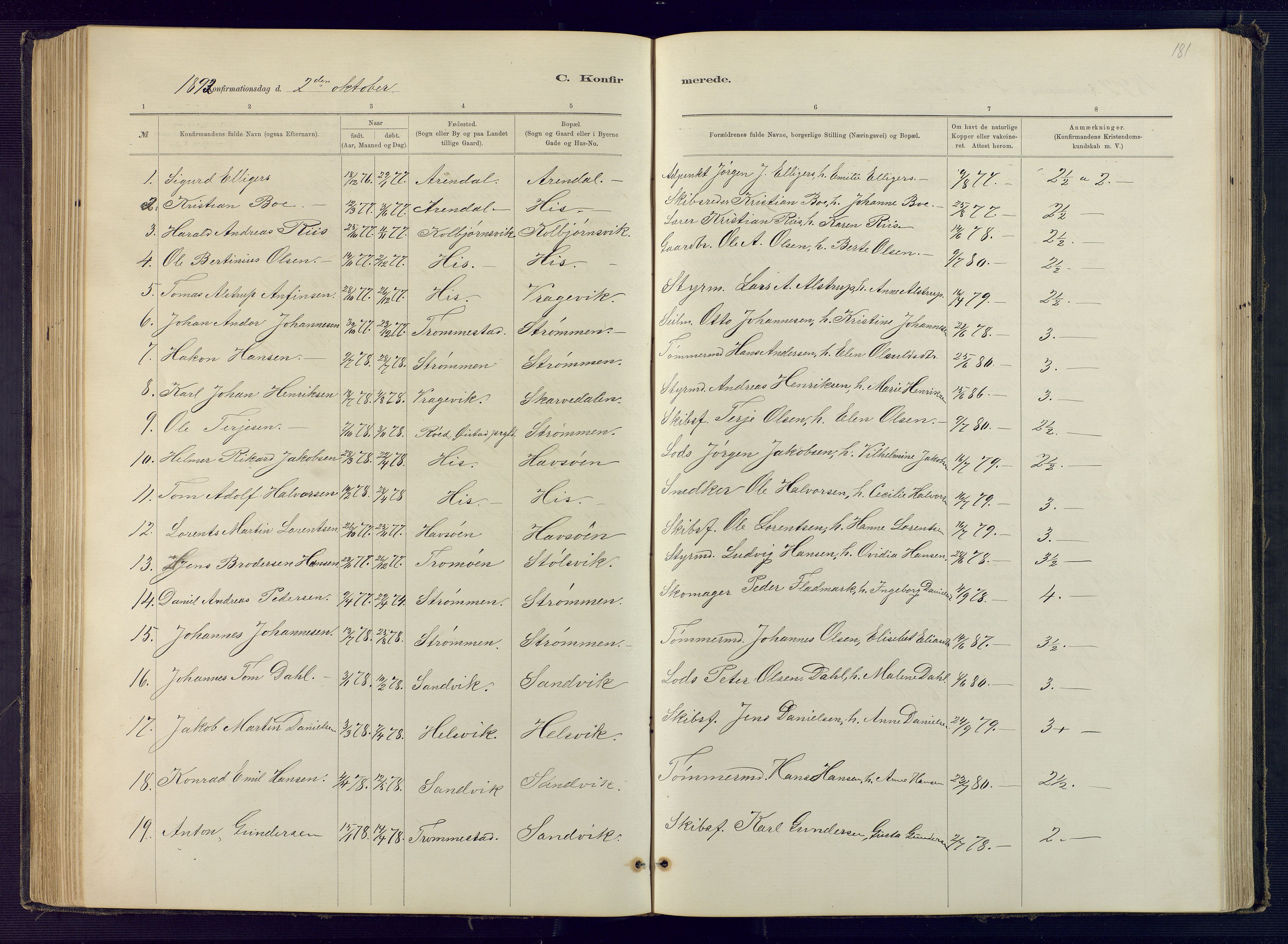 Hisøy sokneprestkontor, AV/SAK-1111-0020/F/Fb/L0003: Parish register (copy) no. B 3, 1885-1905, p. 181