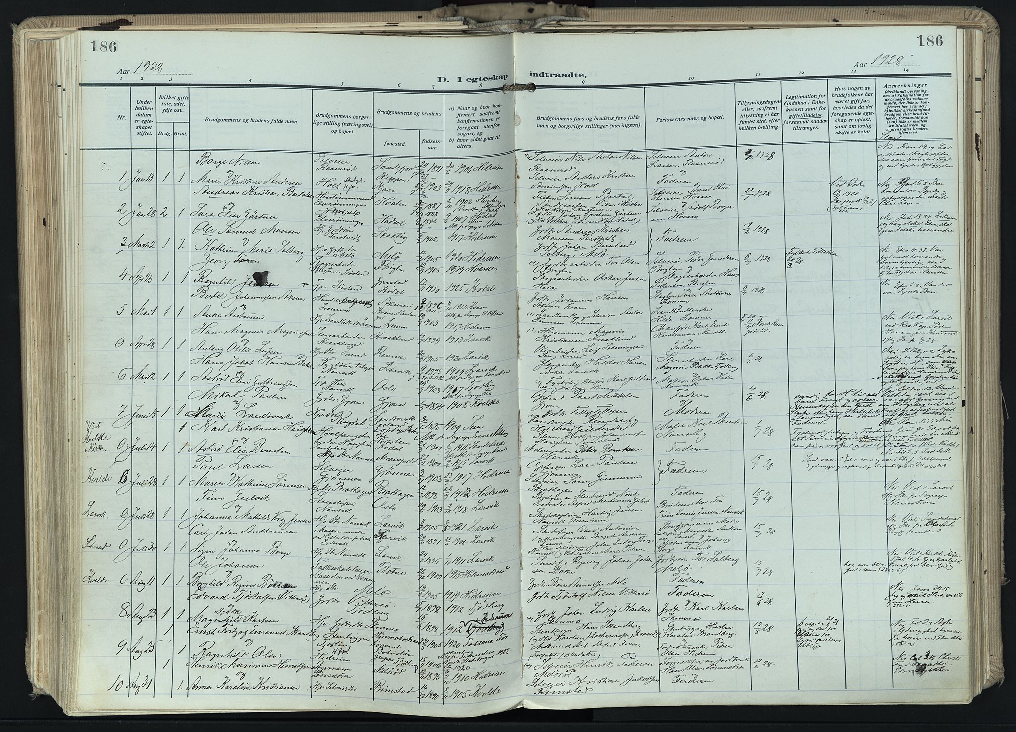 Hedrum kirkebøker, AV/SAKO-A-344/F/Fa/L0011: Parish register (official) no. I 11, 1919-1933, p. 186