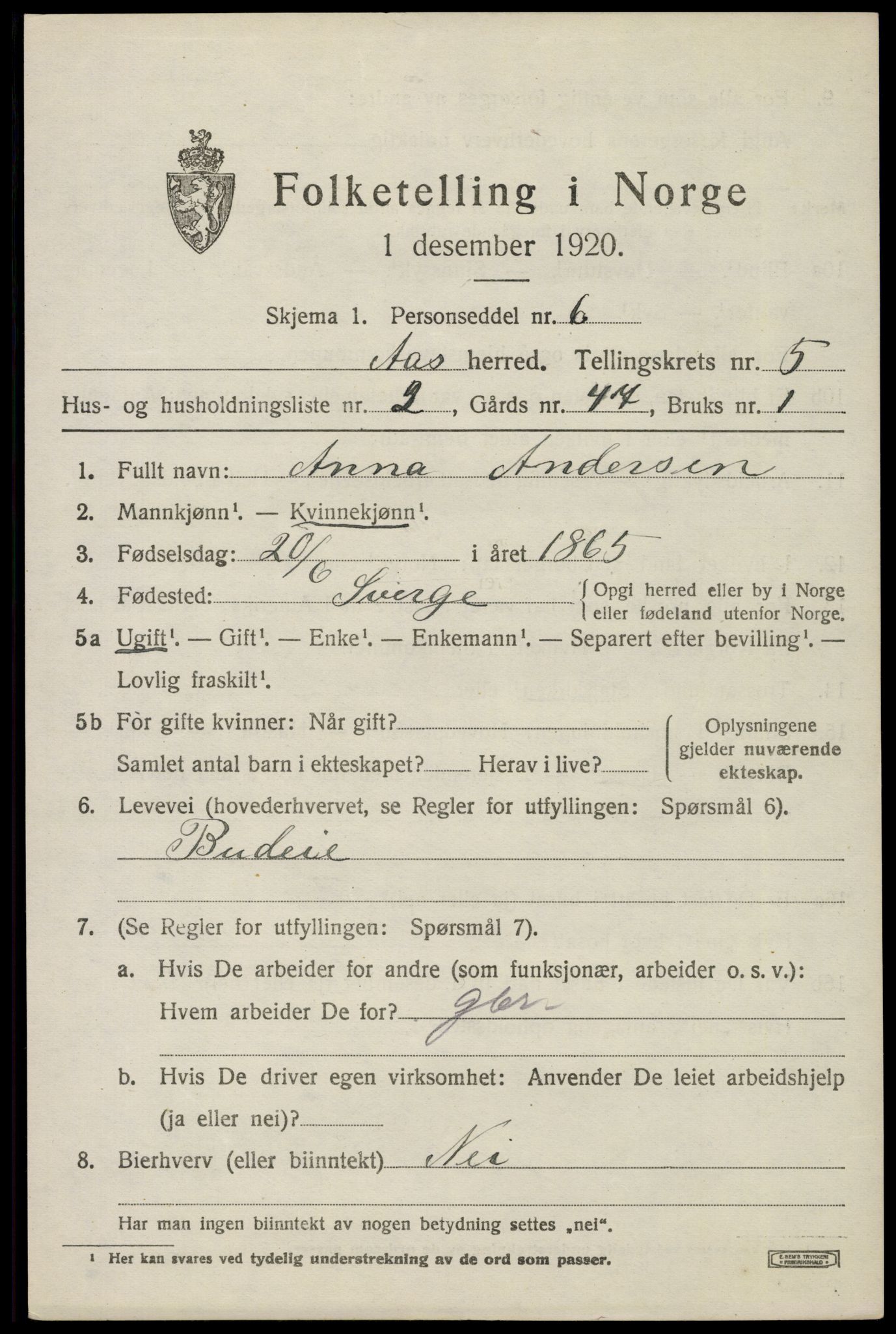 SAO, 1920 census for Ås, 1920, p. 5854