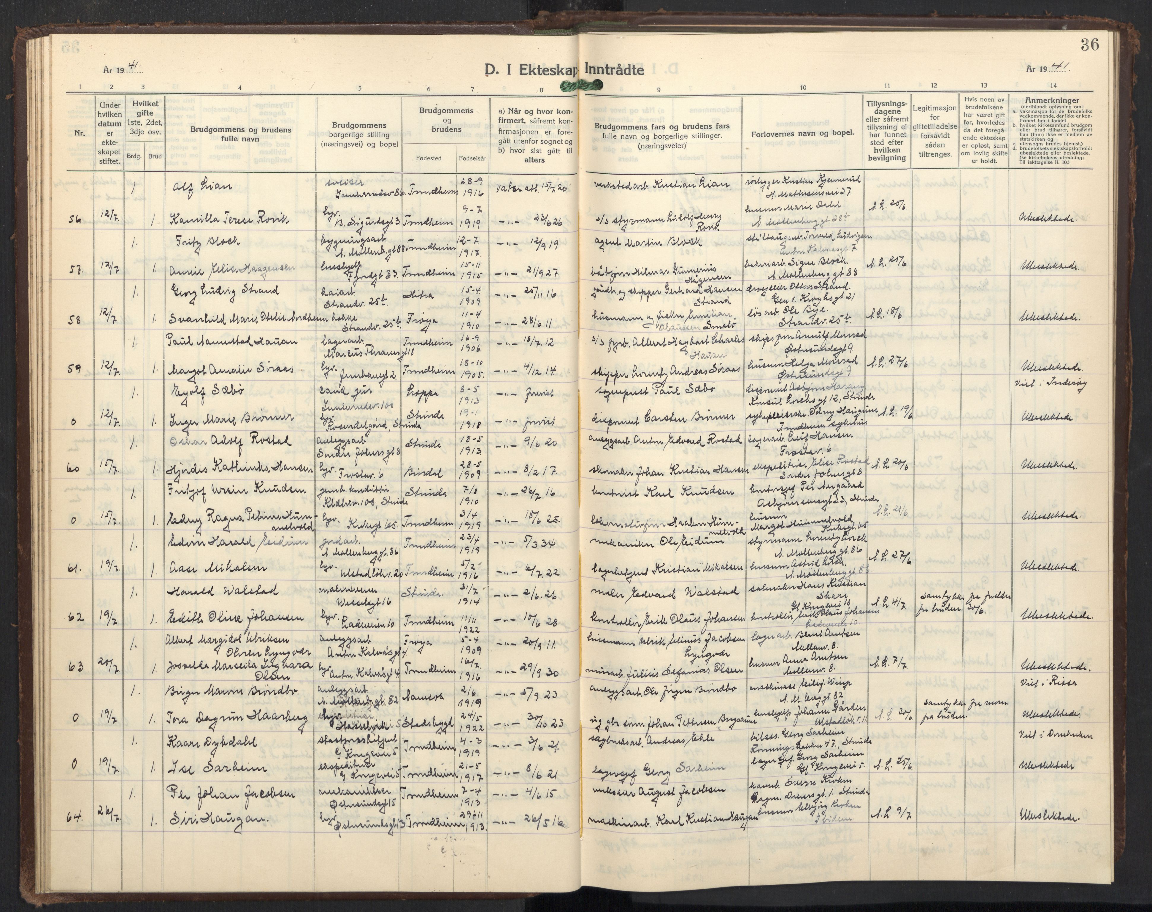 Ministerialprotokoller, klokkerbøker og fødselsregistre - Sør-Trøndelag, AV/SAT-A-1456/605/L0263: Parish register (copy) no. 605C10, 1938-1949, p. 36