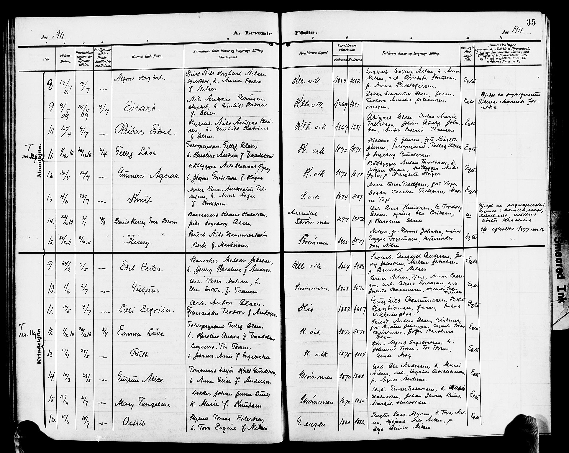 Hisøy sokneprestkontor, AV/SAK-1111-0020/F/Fb/L0004: Parish register (copy) no. B 4, 1905-1923, p. 35