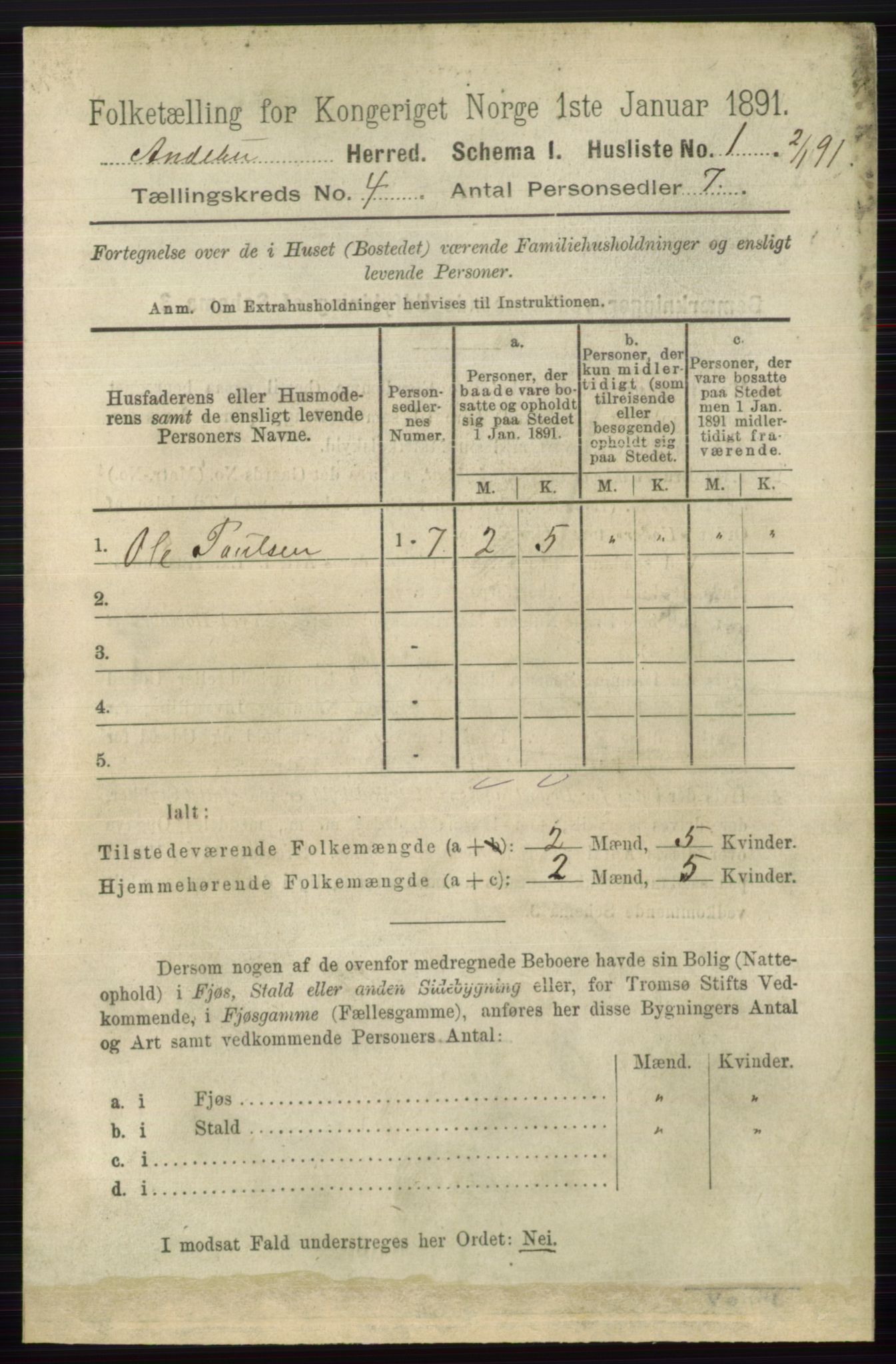 RA, 1891 census for 0719 Andebu, 1891, p. 1943